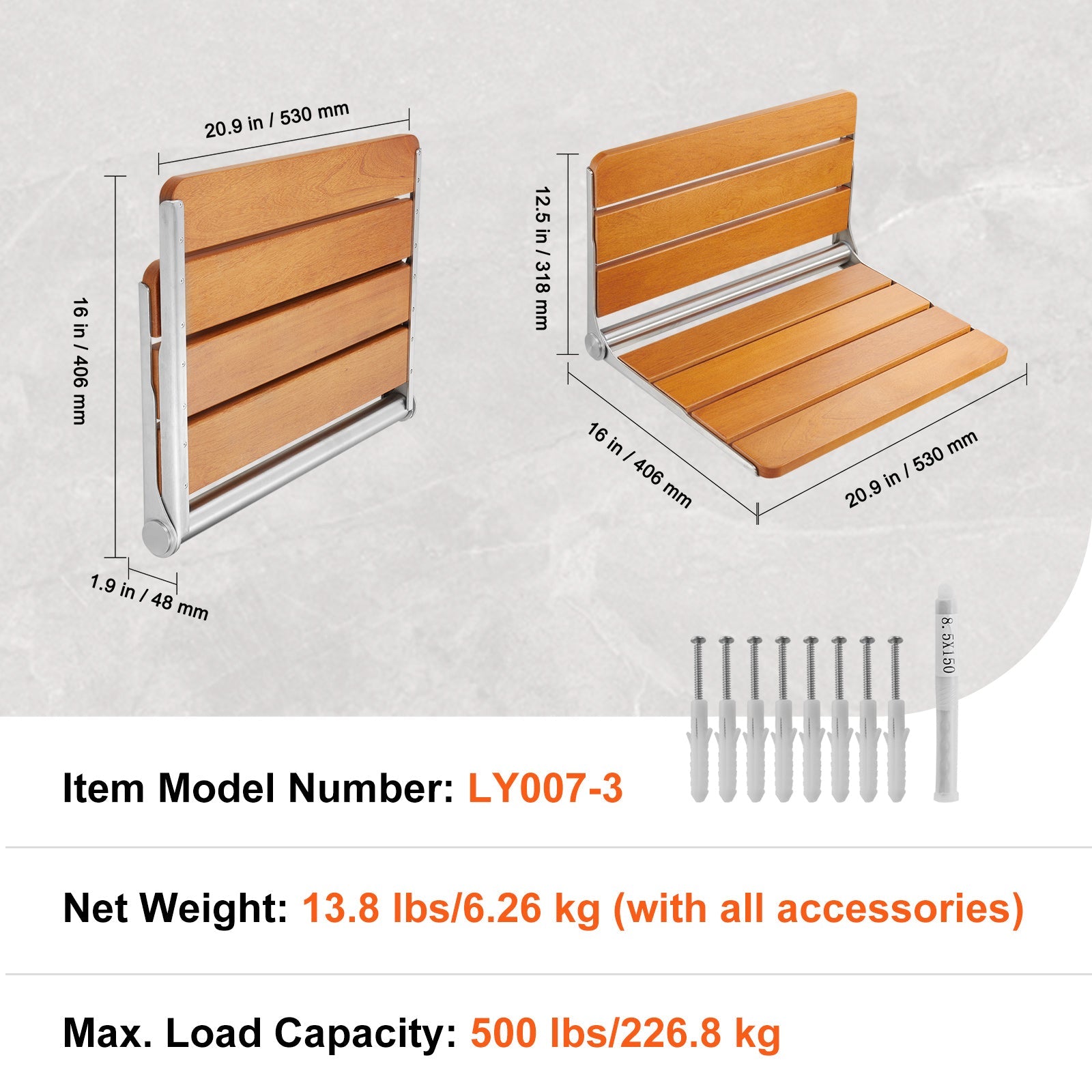 Shower Seat Folding Wall-Mounted Teak Wood 500 LB 20.9x16 In Space-Saving