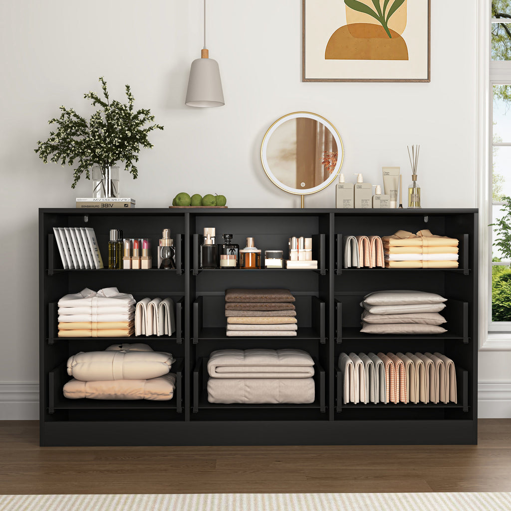 Dresser Classic 9-Drawer Black Particle Board Gold Handles 63x15.74 In