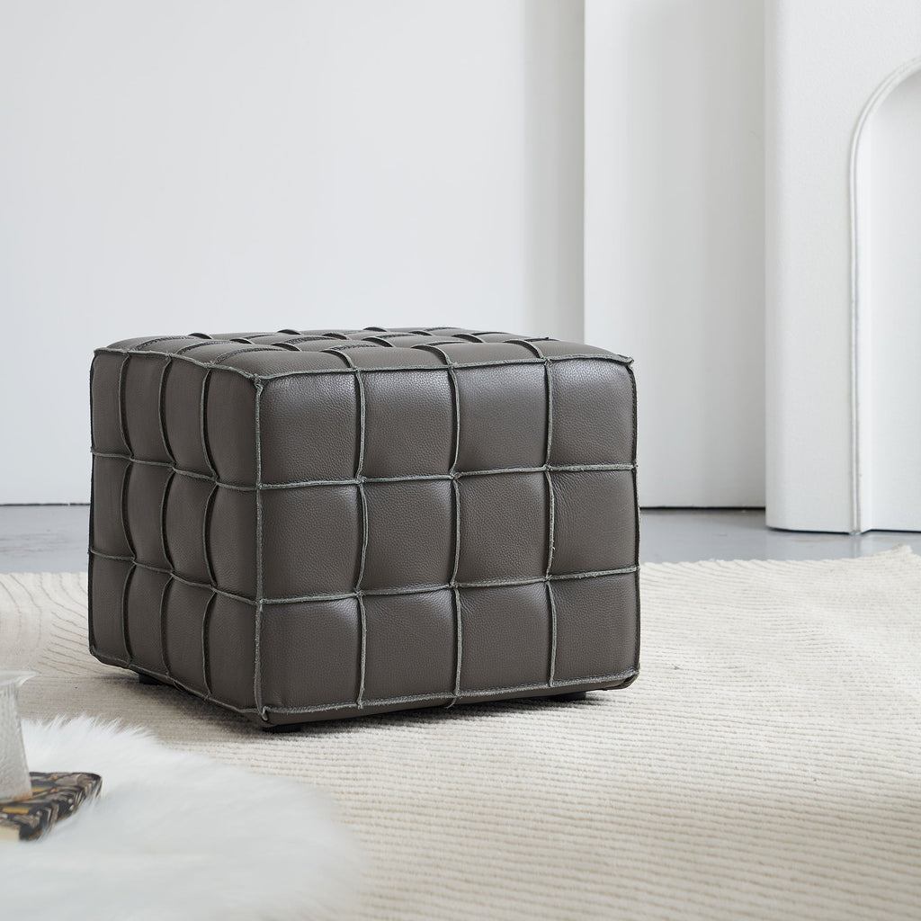 17.32 Inch Quality Leather Tufted Square Ottoman Footstool, Grey