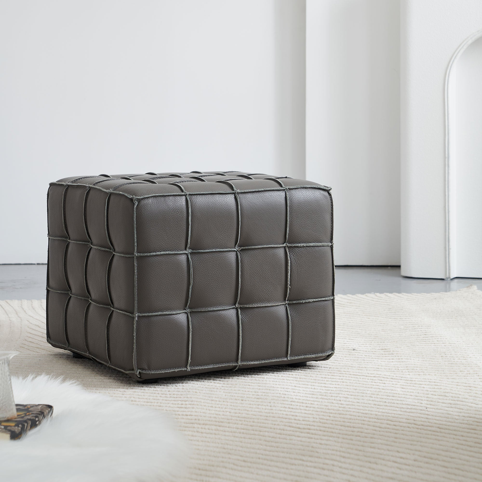 17.32 Inch Quality Leather Tufted Square Ottoman Footstool, Grey