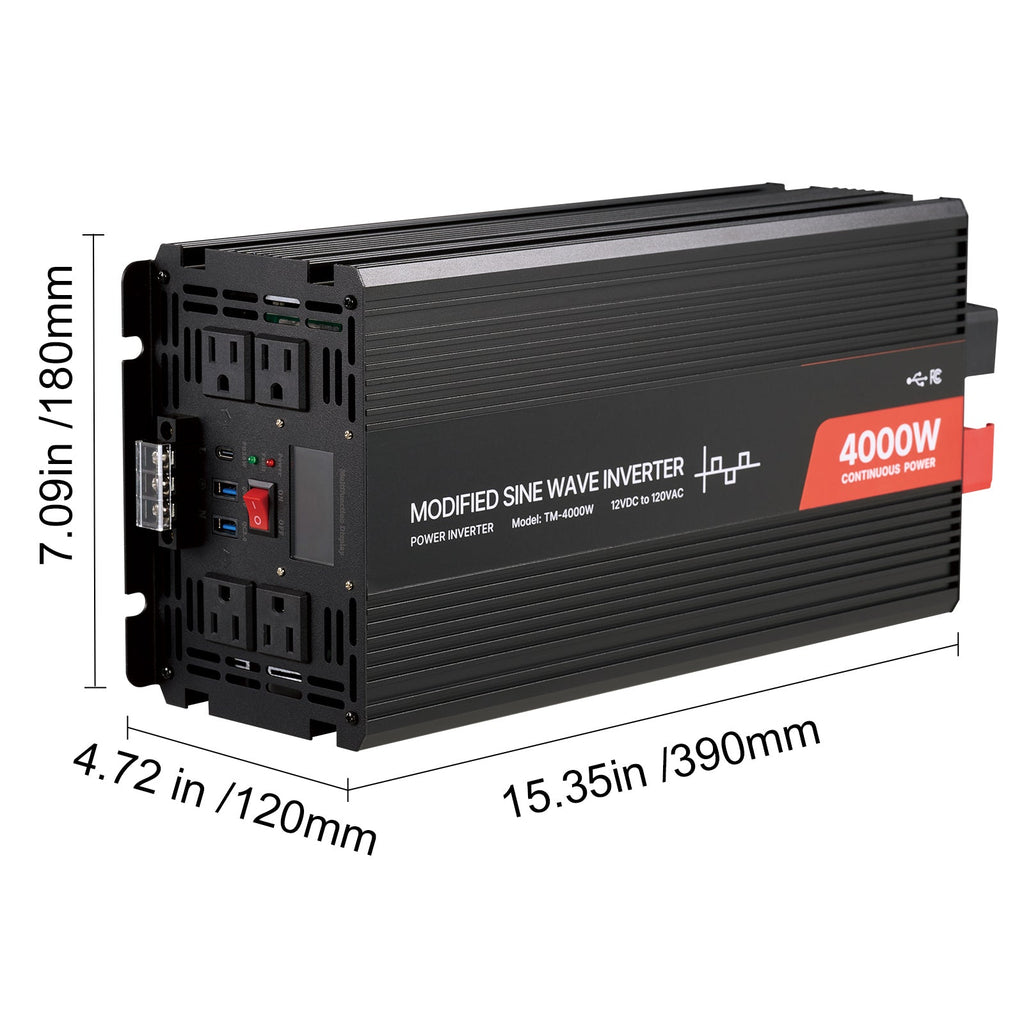 4000W Modified Sine Wave Power Inverter, 12V to 120V, LCD, USB, for RV Truck