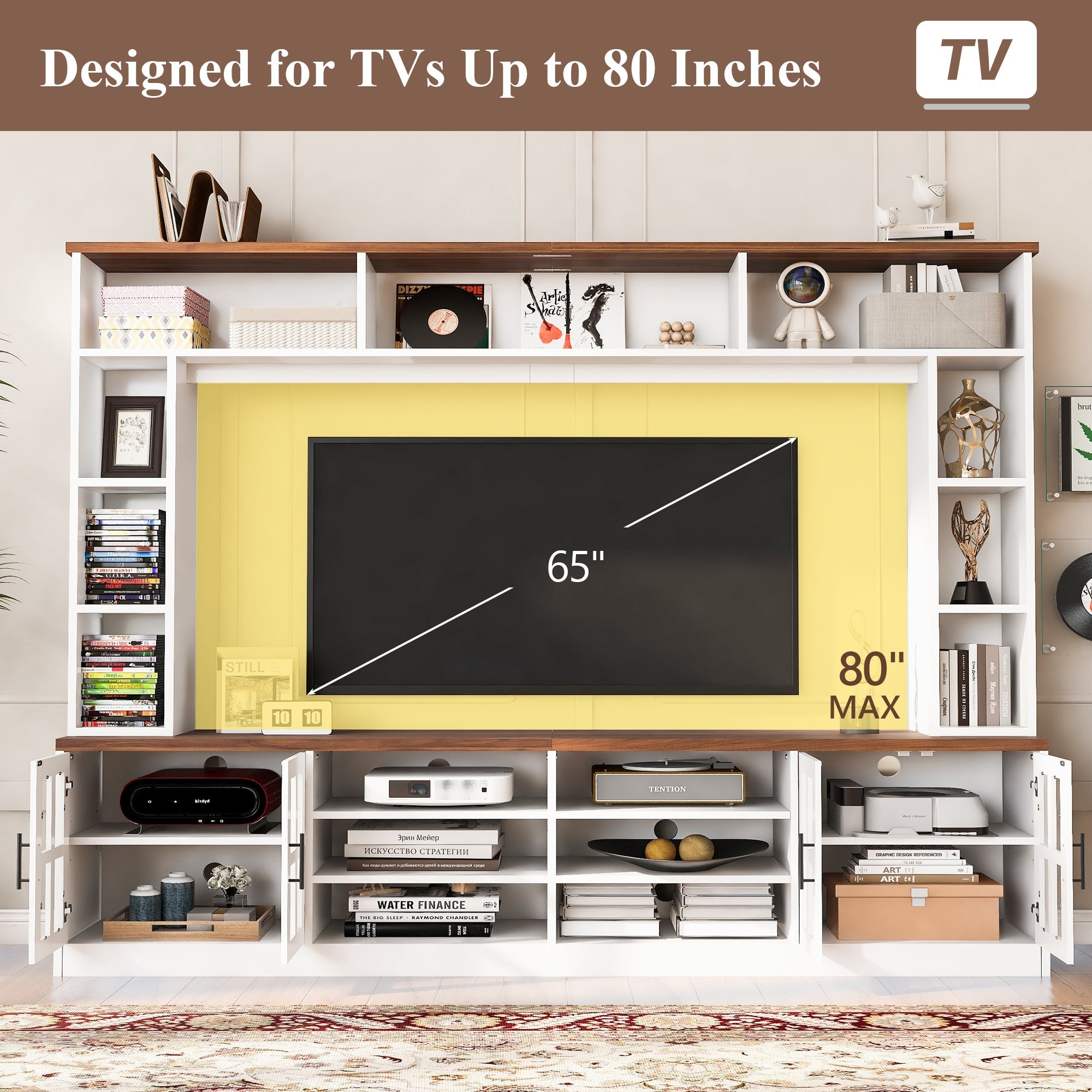 White MDF Glass TV Stand Entertainment Center Wall Unit 80