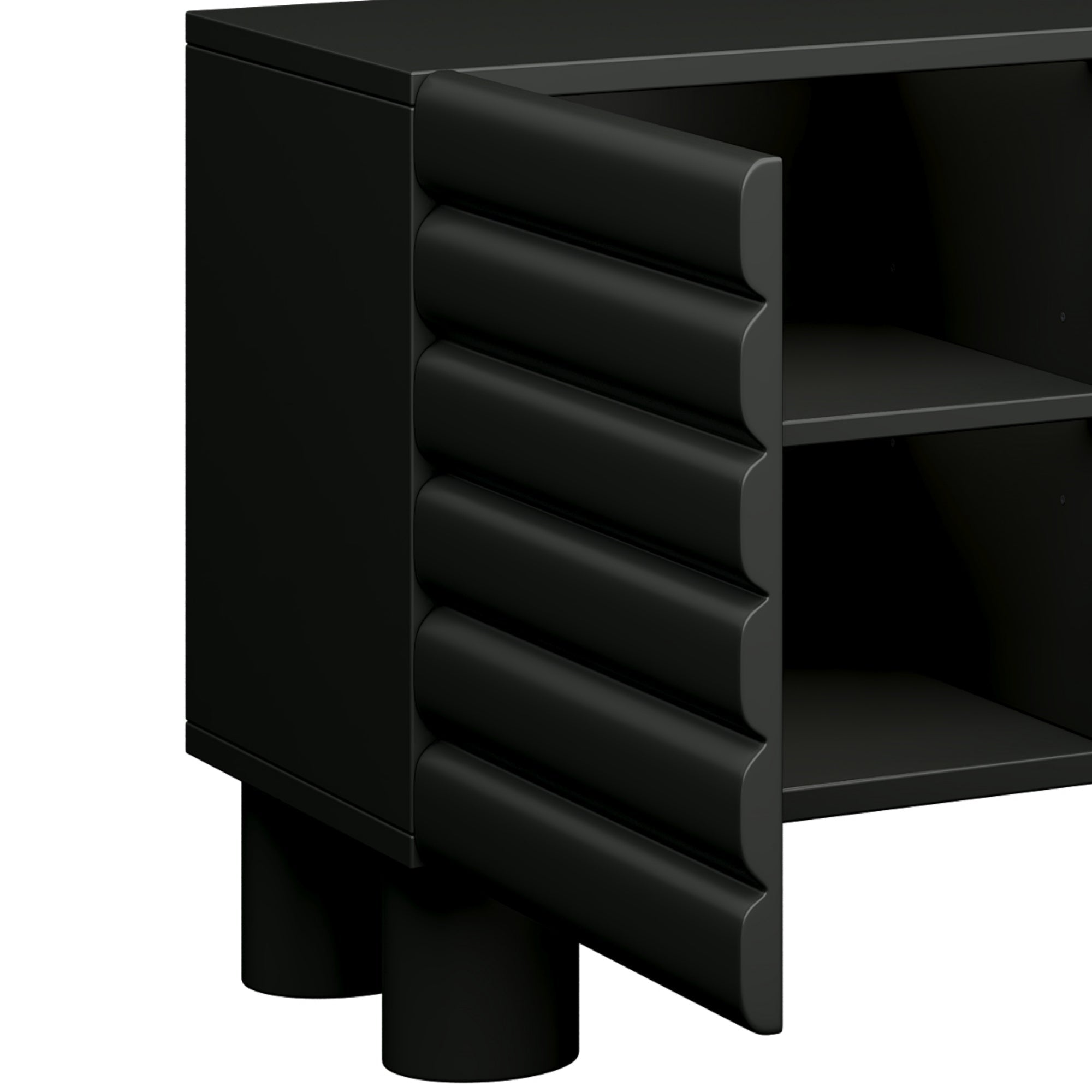 TV Stand Wavy Door Black MDF 4-Cabinet Cylindrical Legs Fits 70 In TV