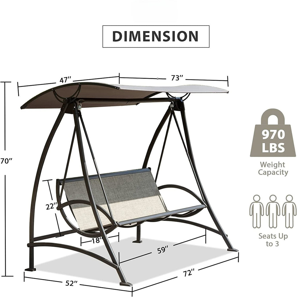 Outdoor Porch Swing 3-Seat Steel Textilene Dark Brown Canopy 73x52 In 970 LB