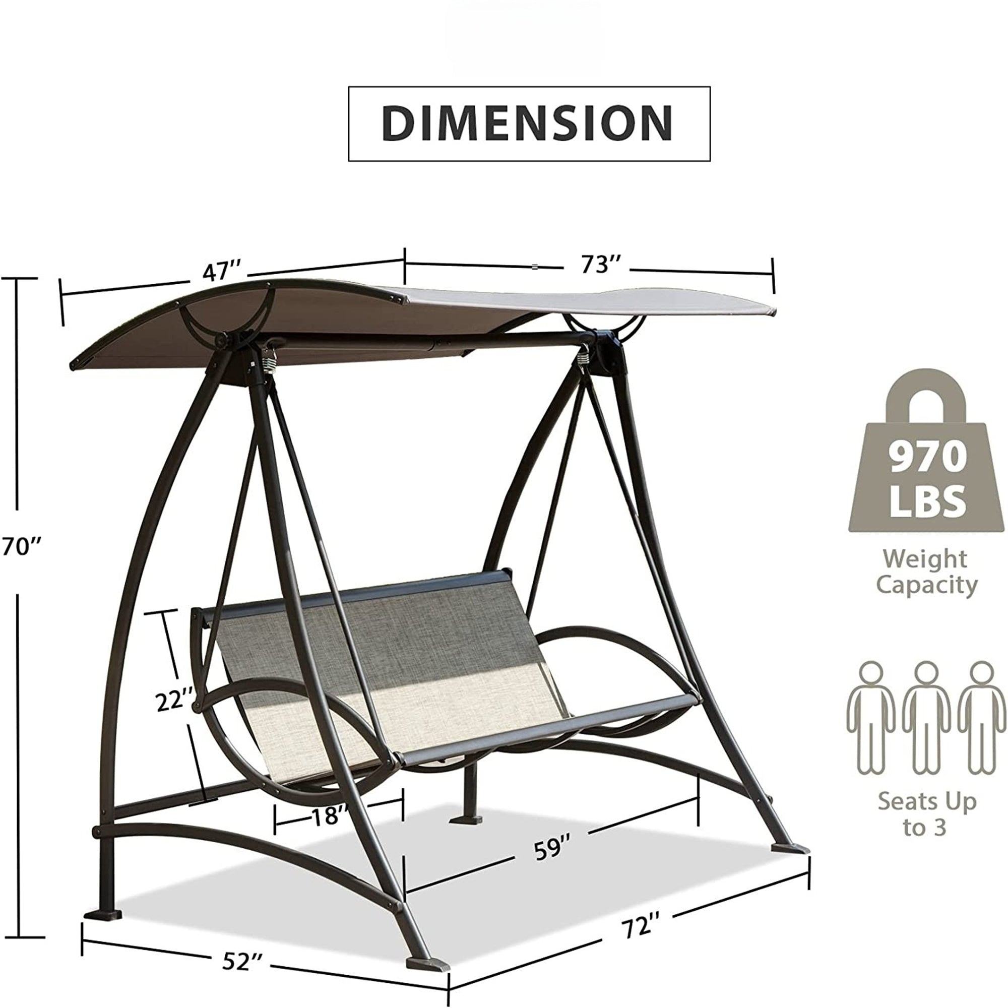 Outdoor Porch Swing 3-Seat Steel Textilene Dark Brown Canopy 73x52 In 970 LB