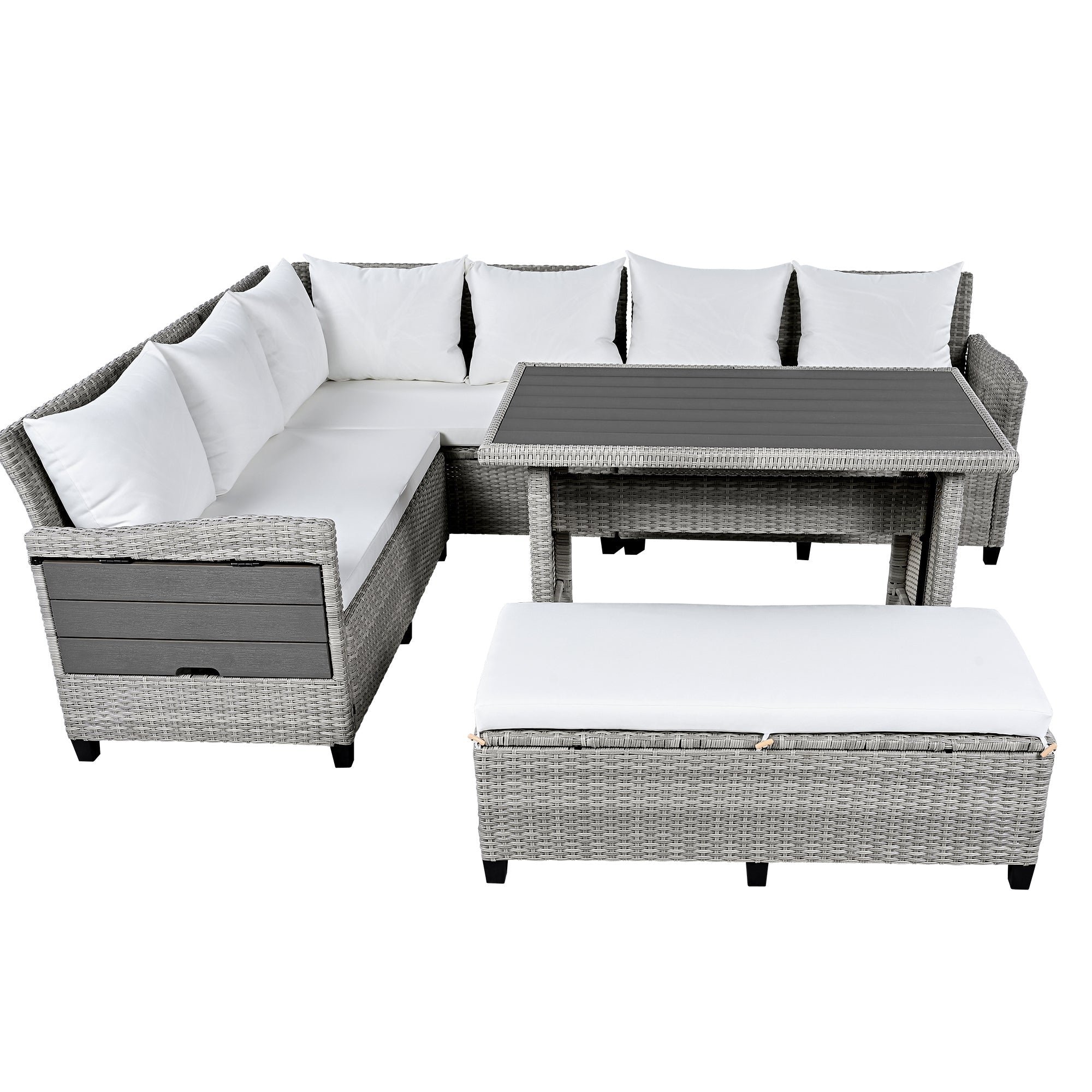 Outdoor Sectional Set PE Rattan Steel White 5 Piece Seats 7 Extendable
