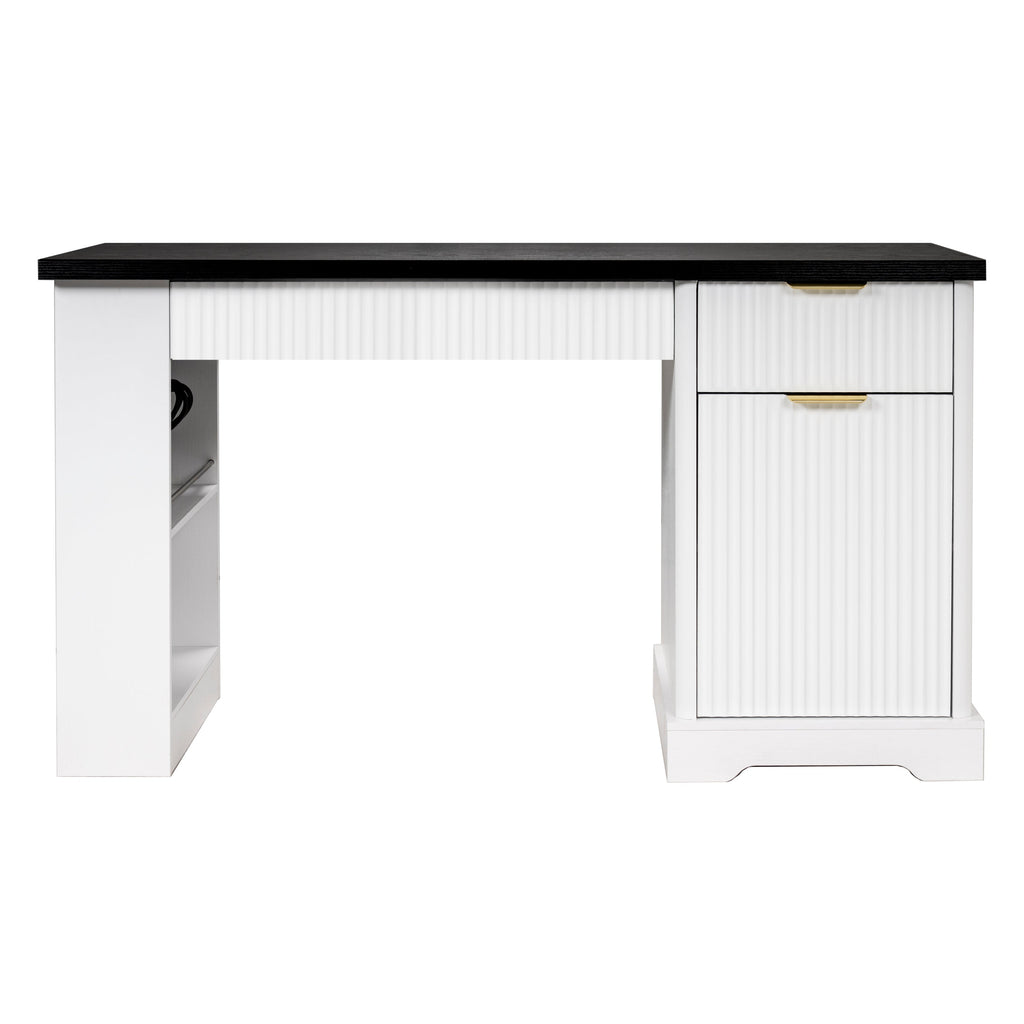 55' Modern Fluted Office Desk with Storage Cabinet and Drawers, Computer Writ...