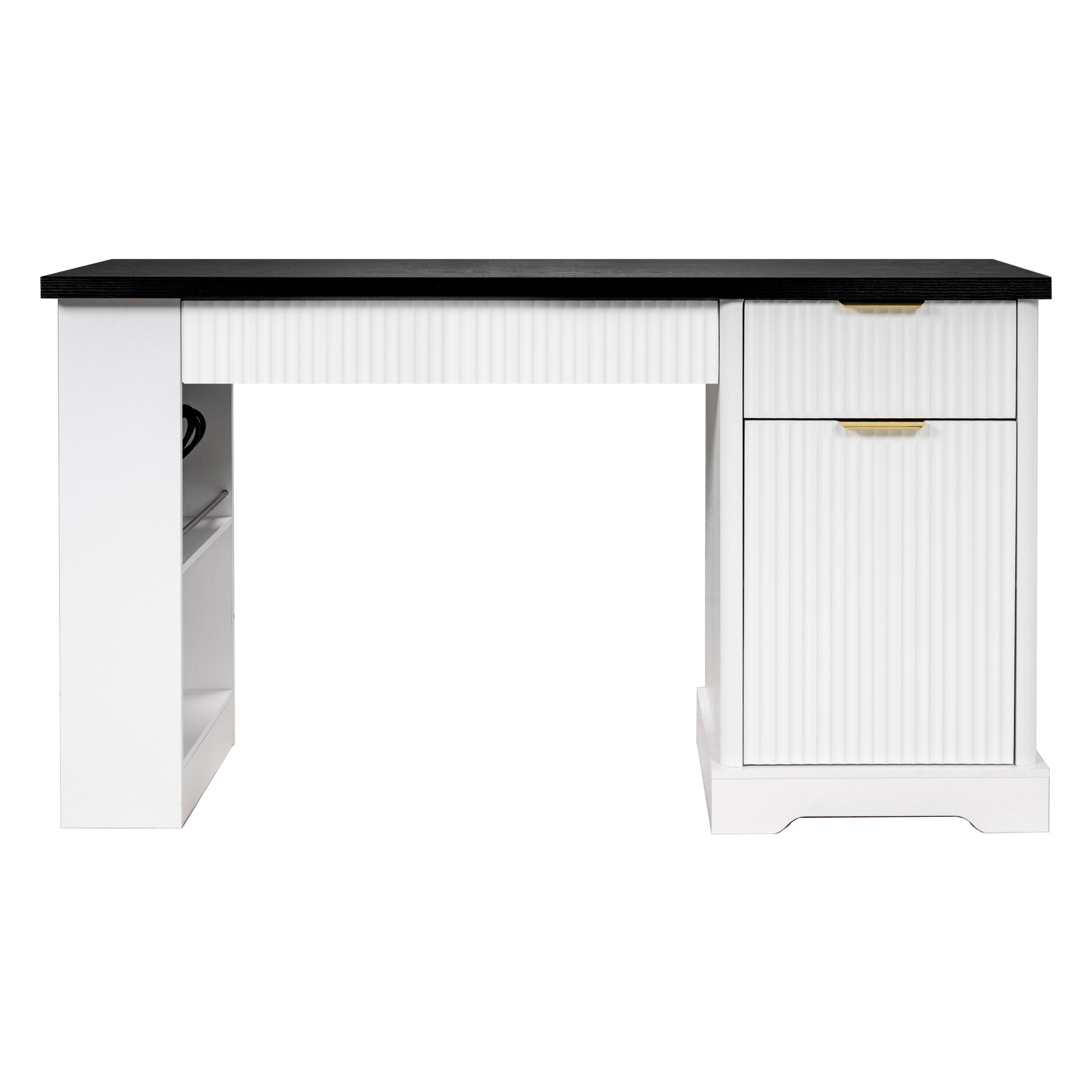 55' Modern Fluted Office Desk with Storage Cabinet and Drawers, Computer Writ...
