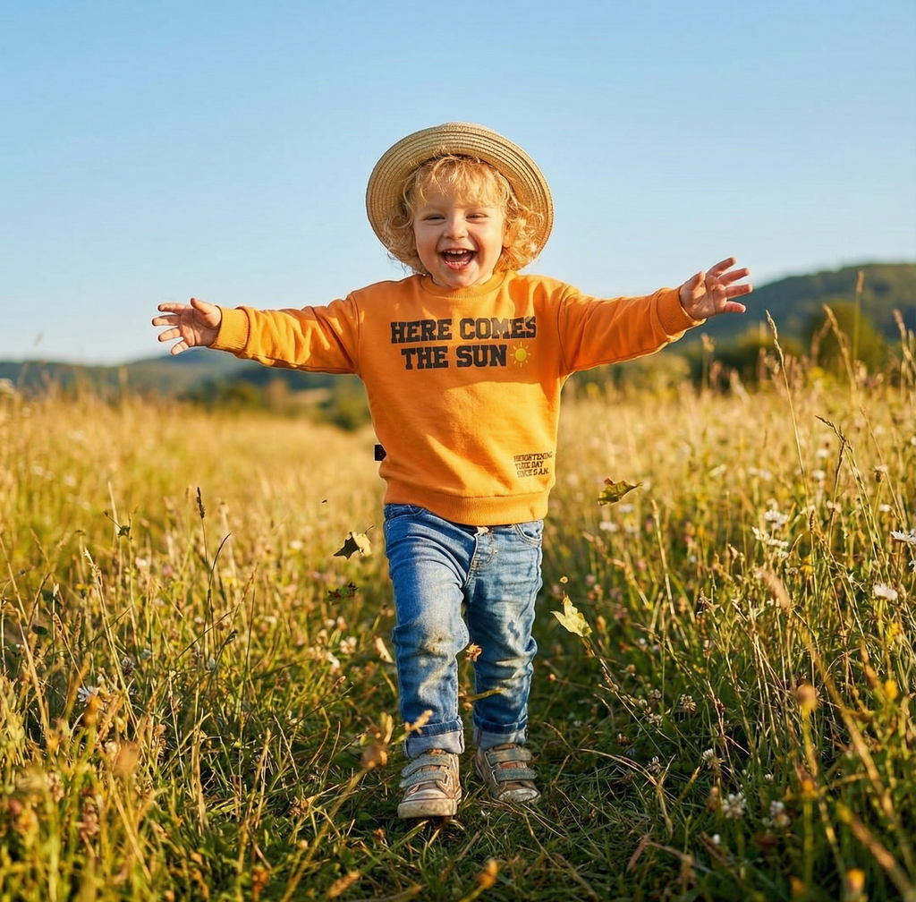 HERE COMES THE SUN 400 GSM Cotton Crewneck | Orange Popsicle