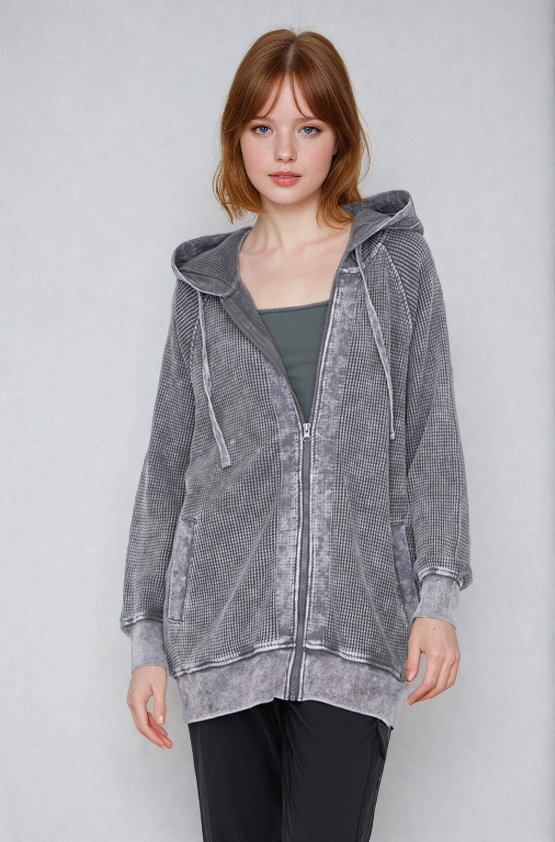 Oversized Waffle Knit Zip-Up Hoodie