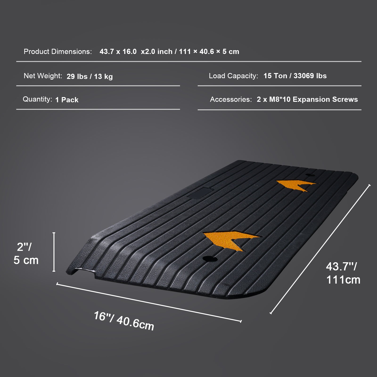 Threshold Ramp Rubber 2 In Non-Slip Beveled Edges Doorway 43.7x16 In Channel