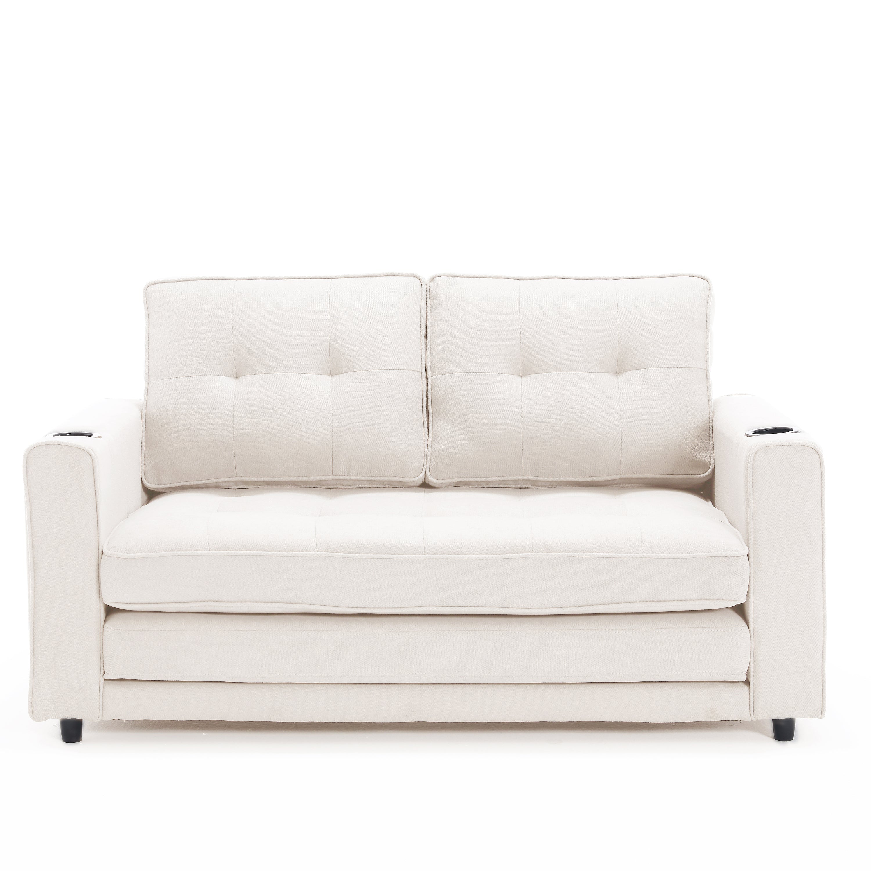 Sofa Bed Futon Tufted 3-in-1 Beige Pull-Out Sleeper Cup Holders 55 In