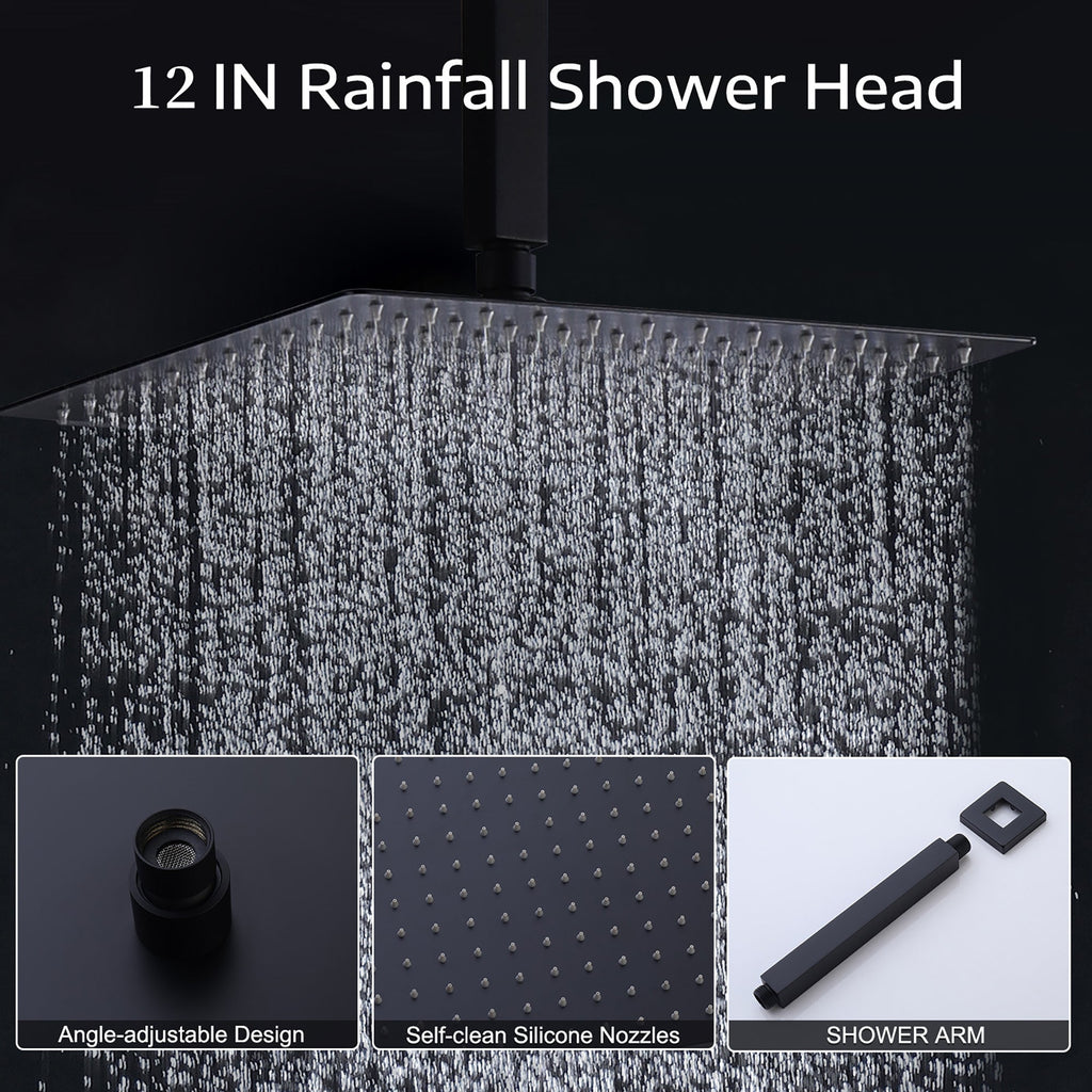 Matte Black All Metal Tub Shower Faucet Set with 12in Rain Shower Head, Wall