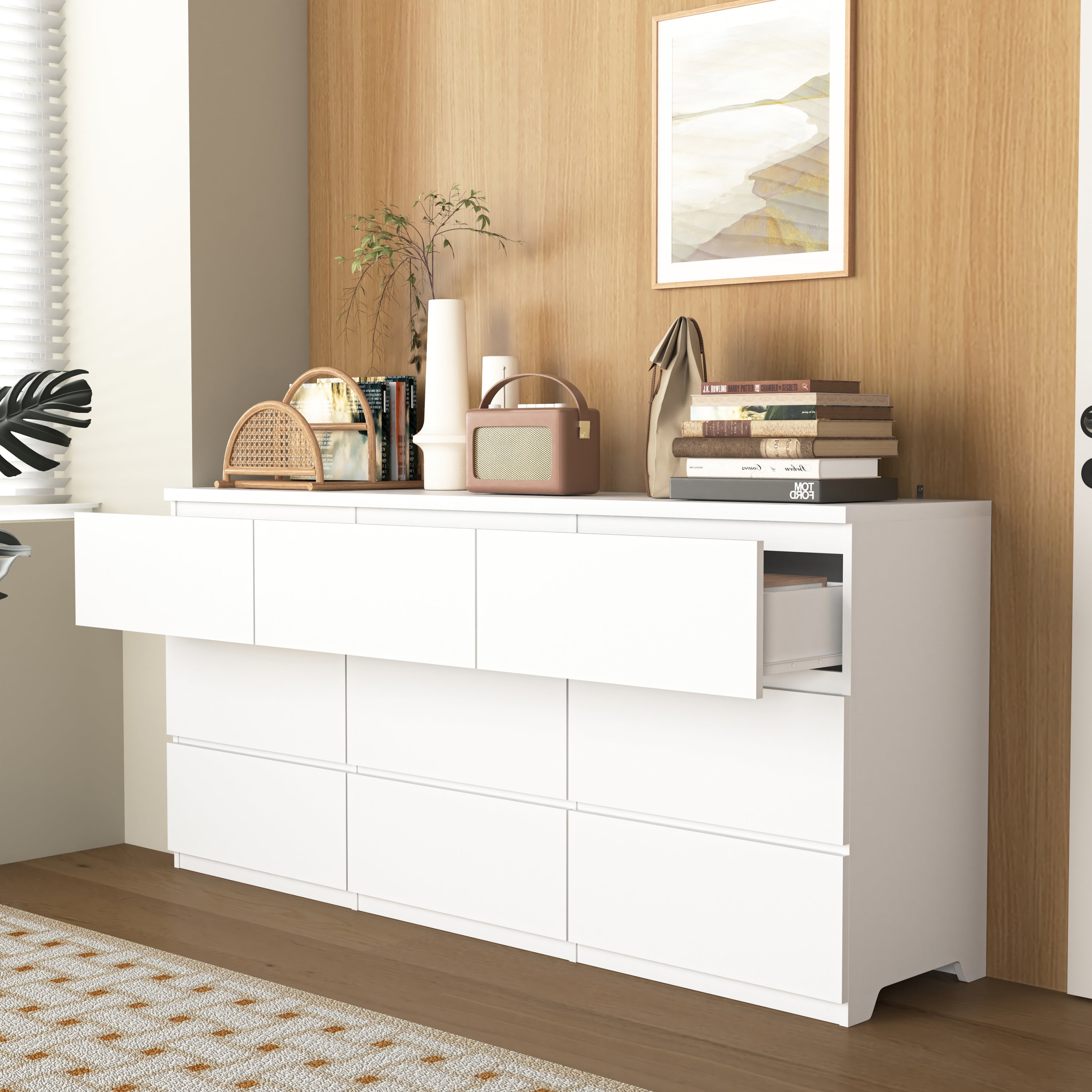 Dresser Modern 9-Drawer White Particle Board Handleless 63x15.74x29.5 In
