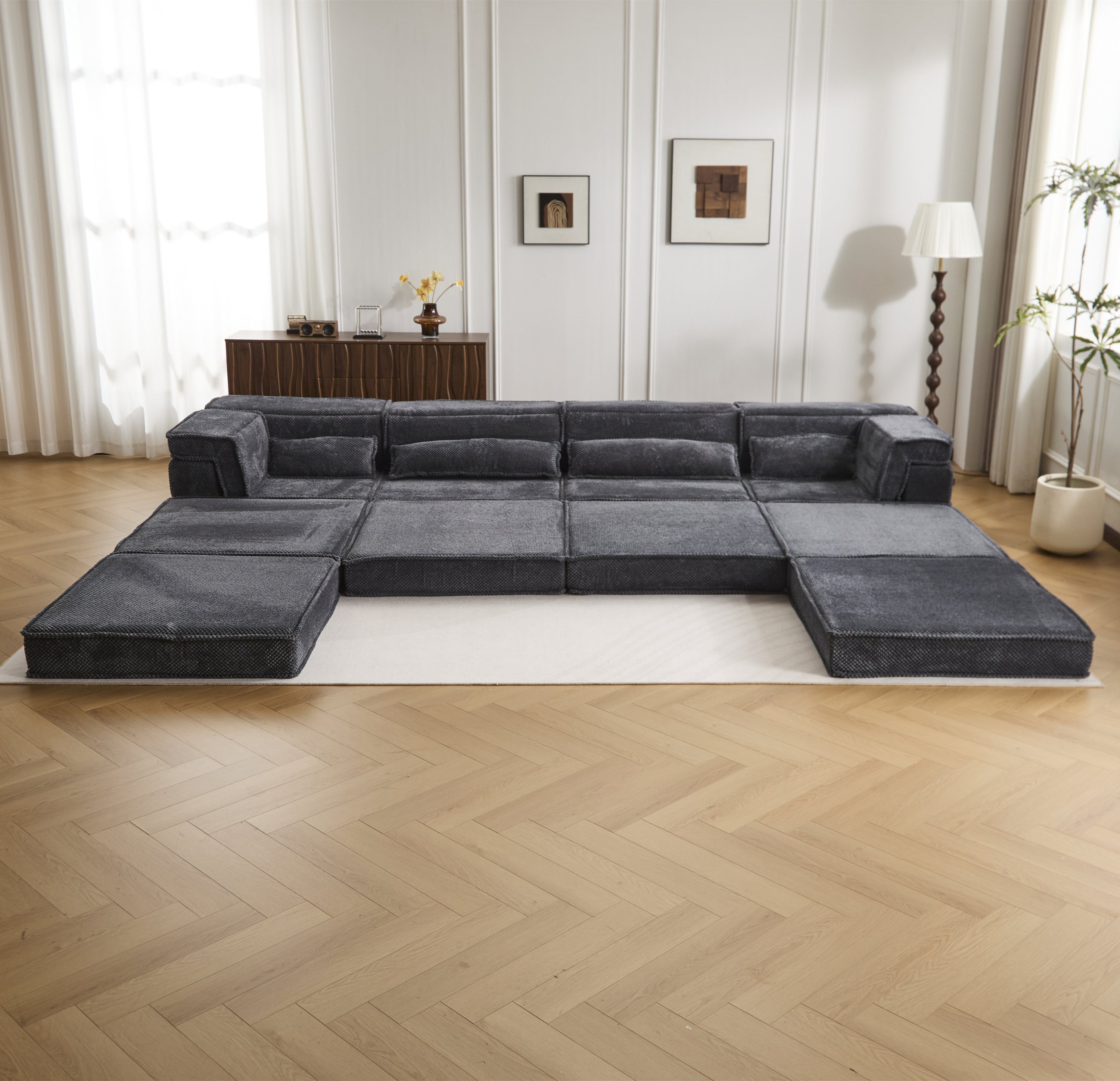 Sectional Sofa Modular Circle Fleece Dark Gray 4 Seat Ottoman 157 In