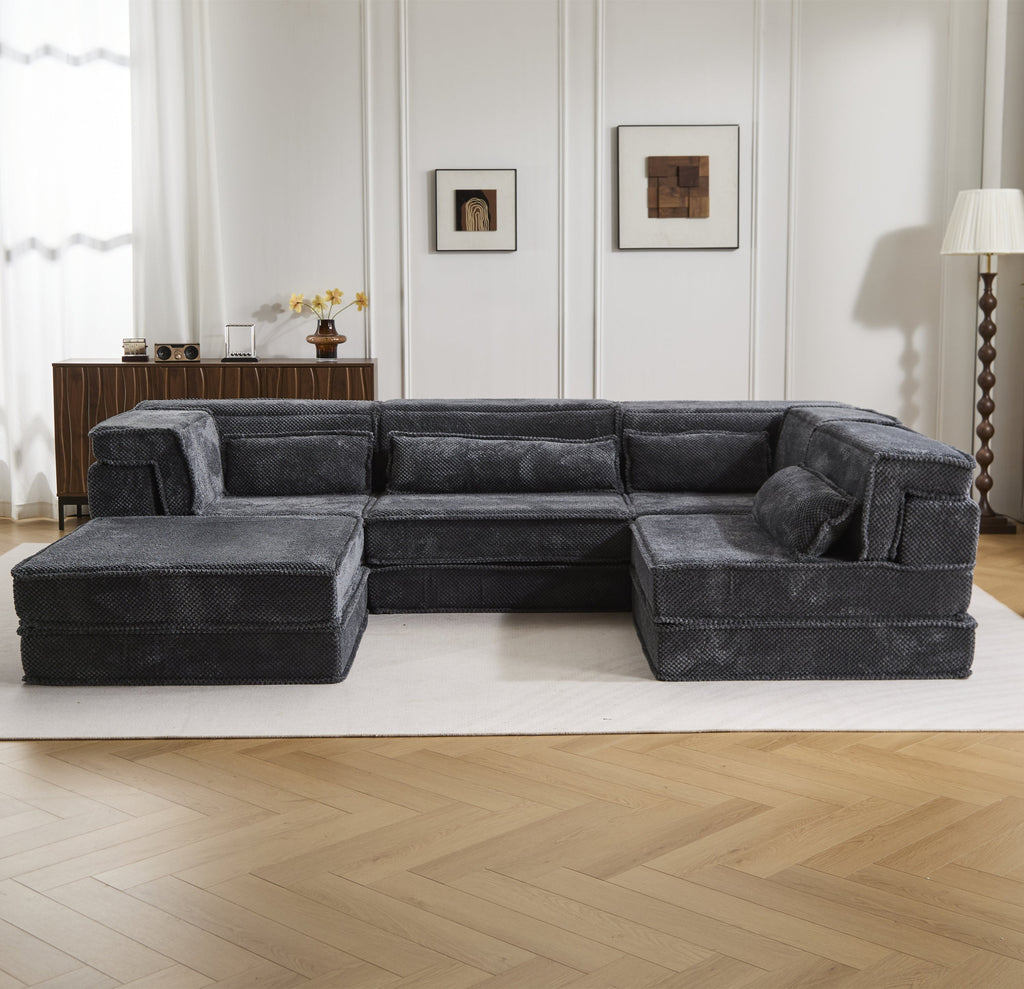 Sectional Sofa Modular Circle Fleece Dark Gray 4 Seat Ottoman 157 In