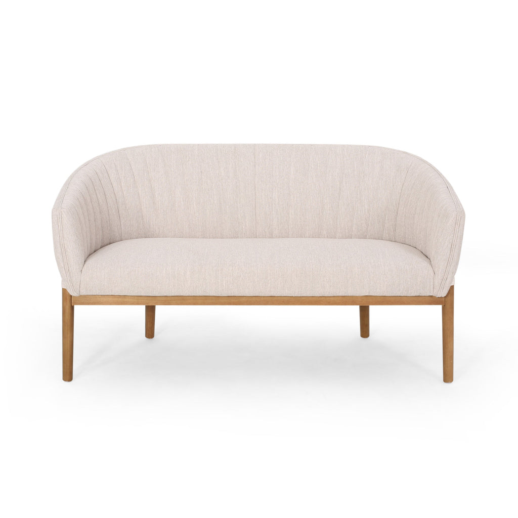 Loveseat Mid-Century Modern Channel Stitched Fabric Beige Rubberwood Legs 55 In