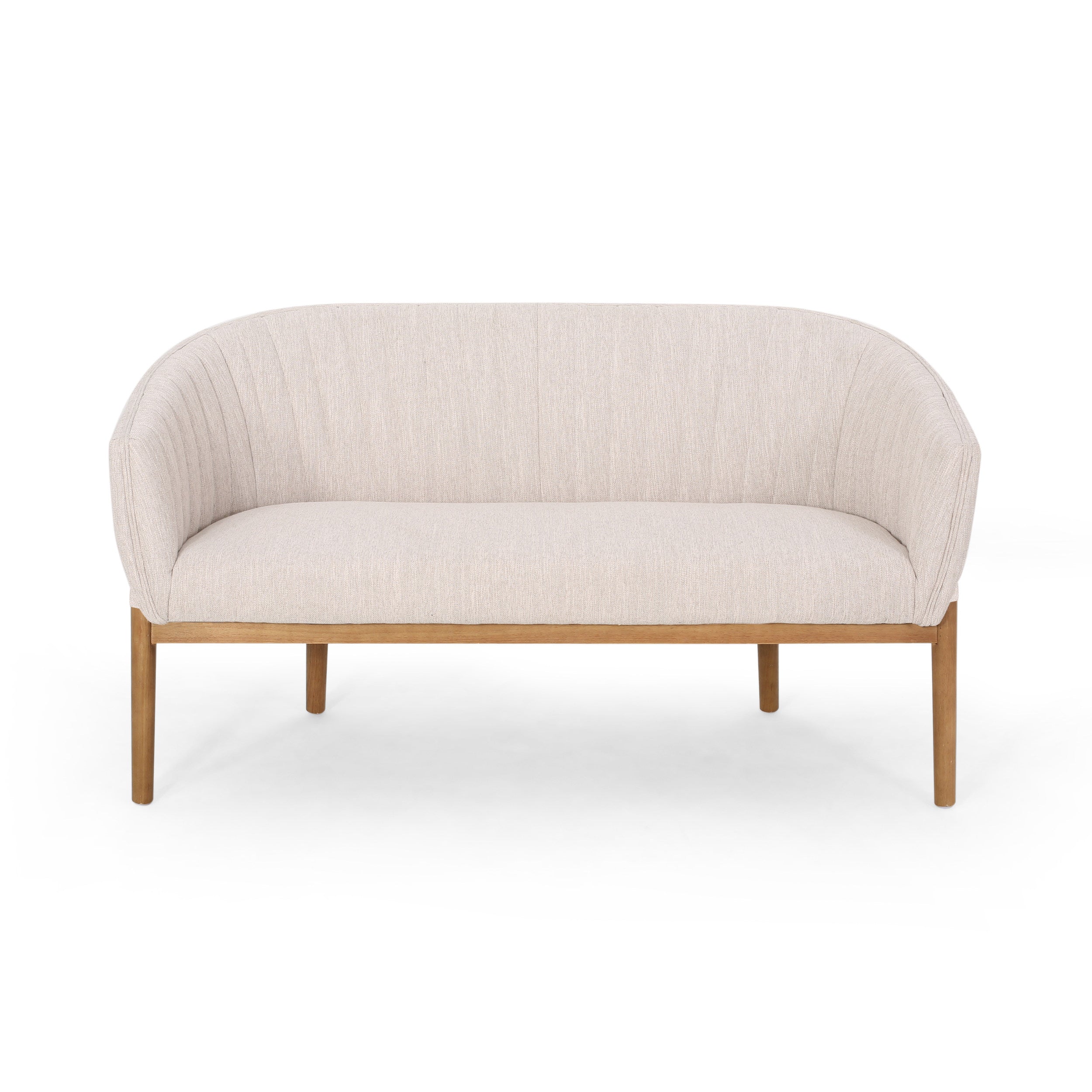 Loveseat Mid-Century Modern Channel Stitched Fabric Beige Rubberwood Legs 55 In