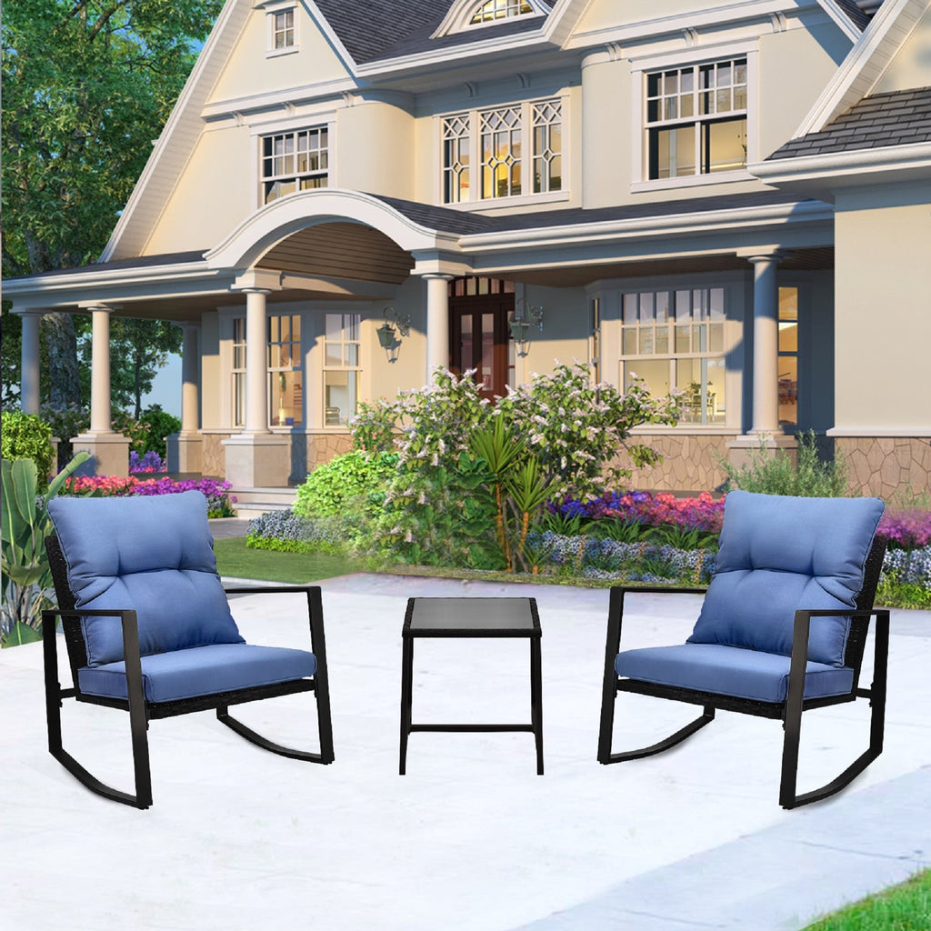 Outdoor Bistro Set Wicker Iron Blue 3 Piece Rocking Chairs Cushions Seats 2
