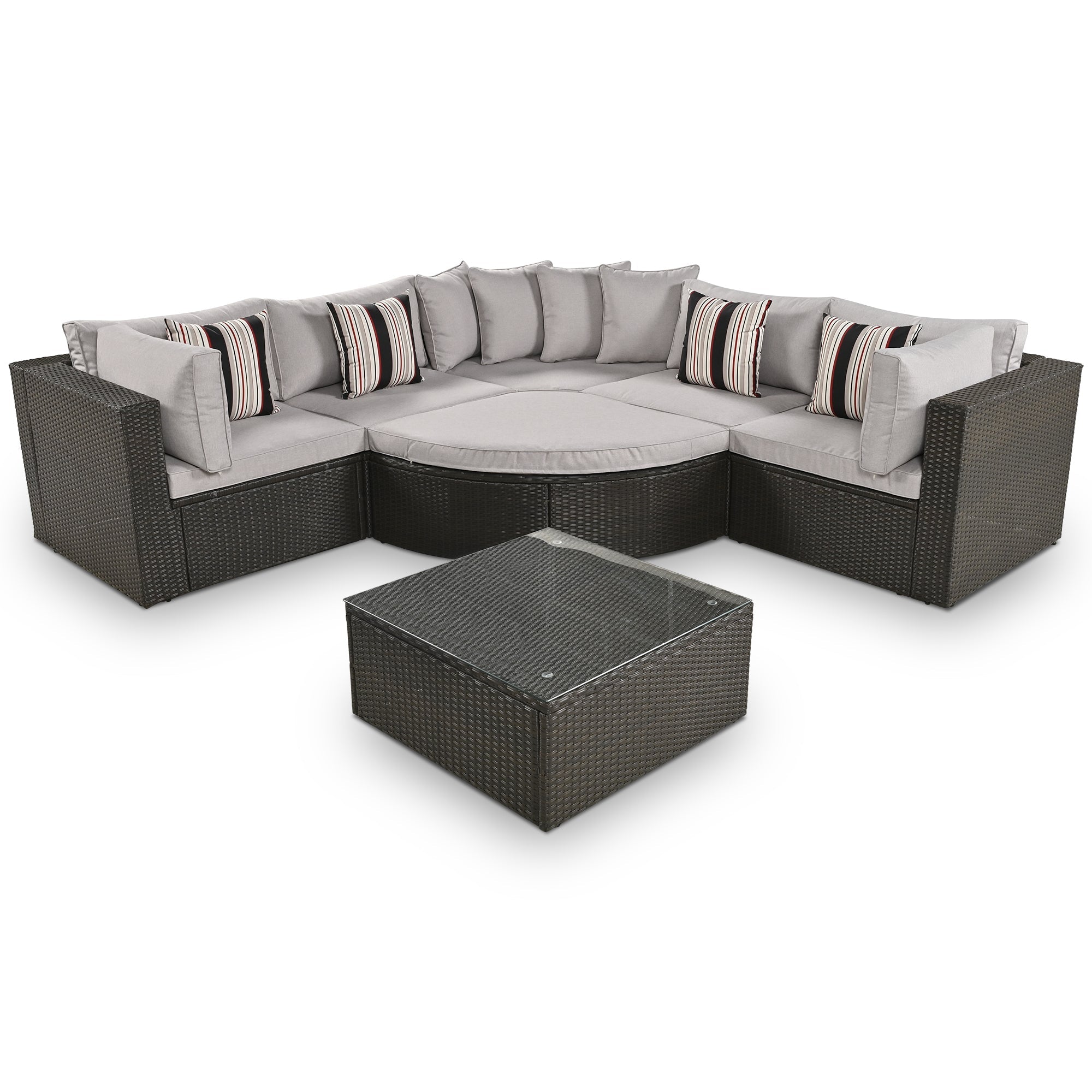 Outdoor Wicker Sofa Set Brown 7 Piece Colorful Pillows Seats 6