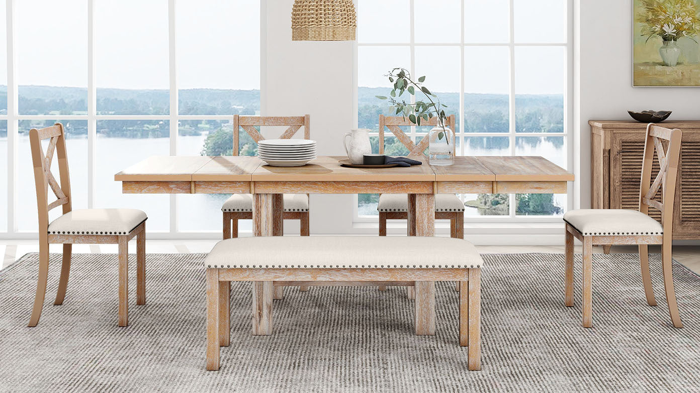 Farmhouse 82inch 6-Piece Extendable Dining Table with Footrest, 4 Upholstered