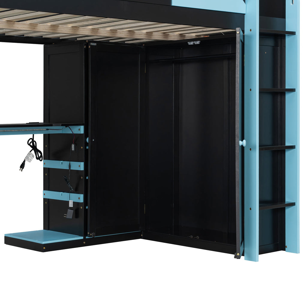 Full Size Wood Loft Bed with Desk, Multi-storage Shelves, USB and RGB Light
