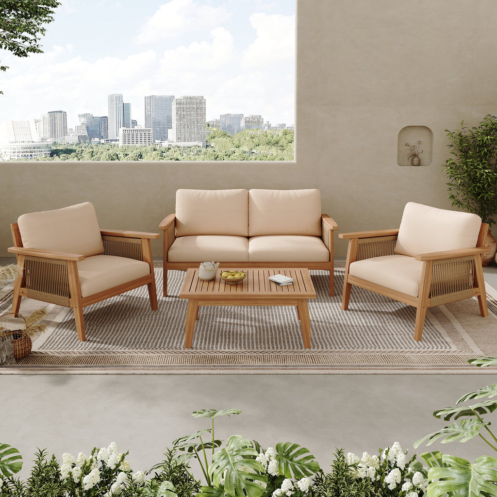 Outdoor Conversation Set 4 Piece Acacia Wood Rope