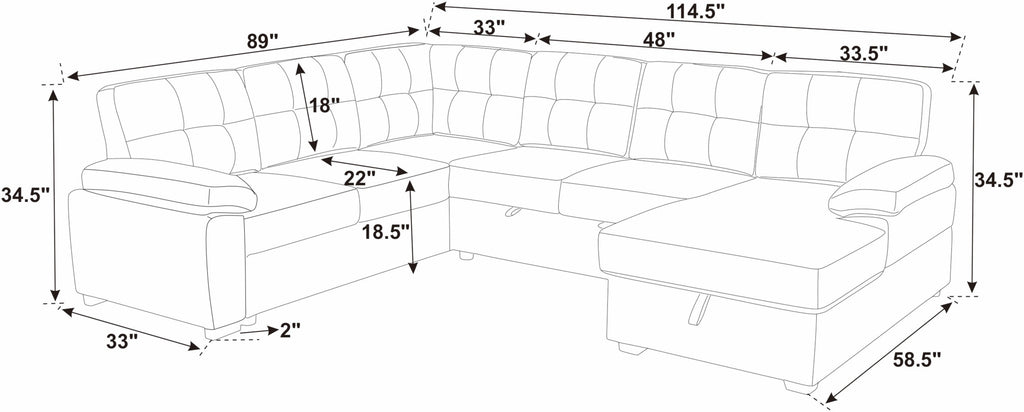 Sofa Bed U-Shape Faux Leather Brown Sleeper Storage Chaise 114 In