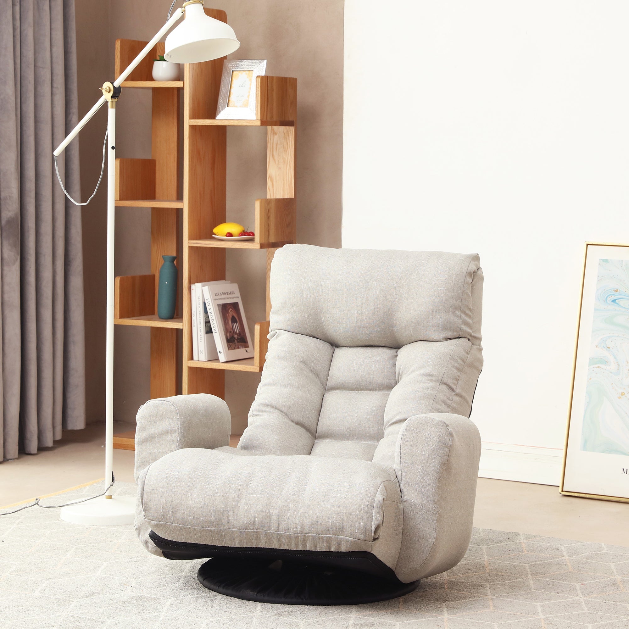 Floor Gaming Lounge Chair Swivel 360 Linen Gray 5-Position Adjustable 31x43 In