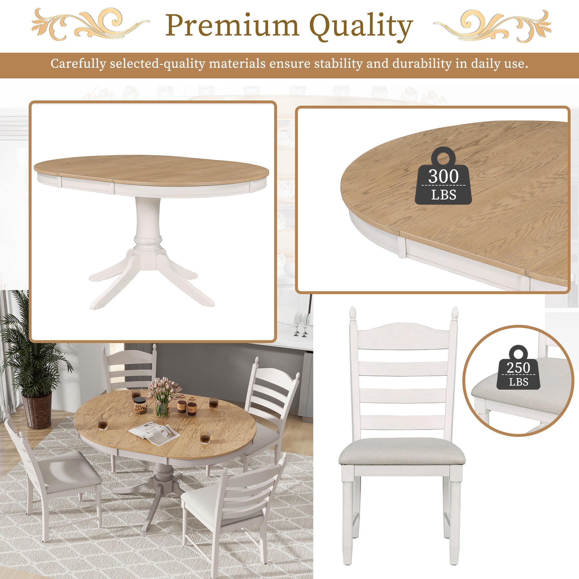 5-Piece Retro Functional Dining Table Set Wood Round Extendable Dining Table
