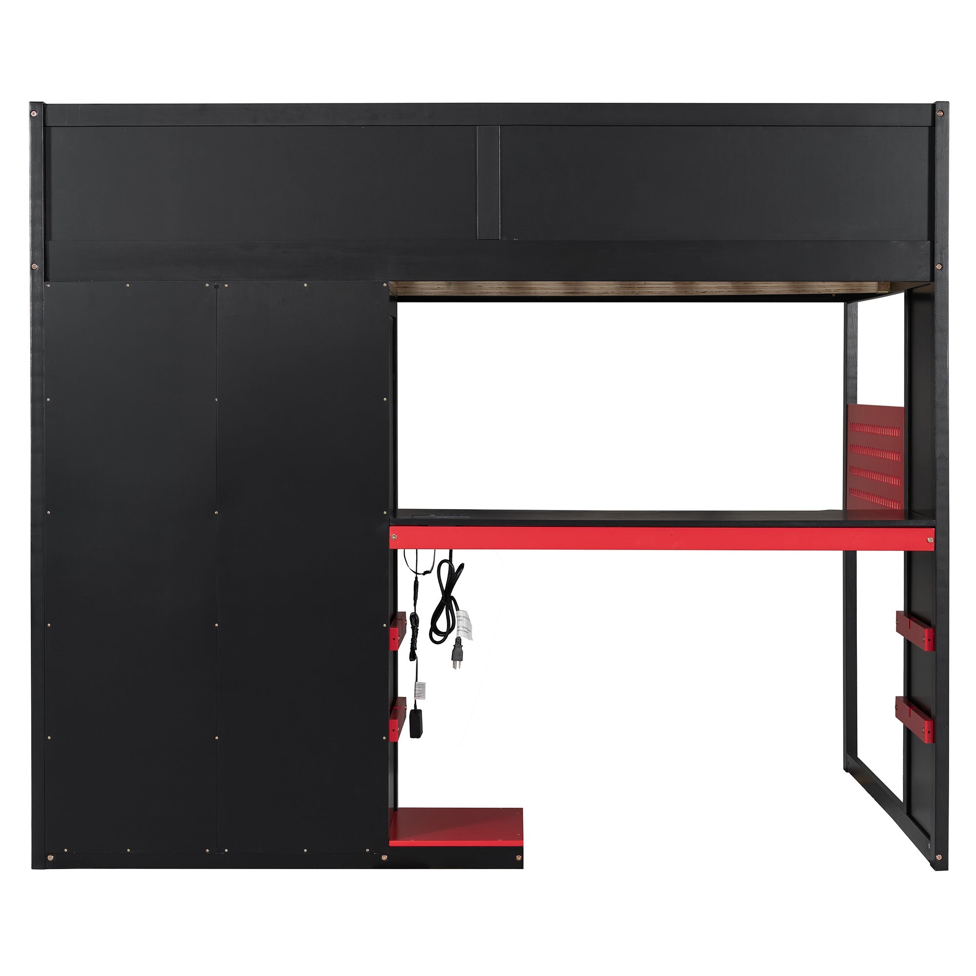 Full Size Wood Loft Bed with Desk, Multi-storage Shelves,USB and RGB Light, Red