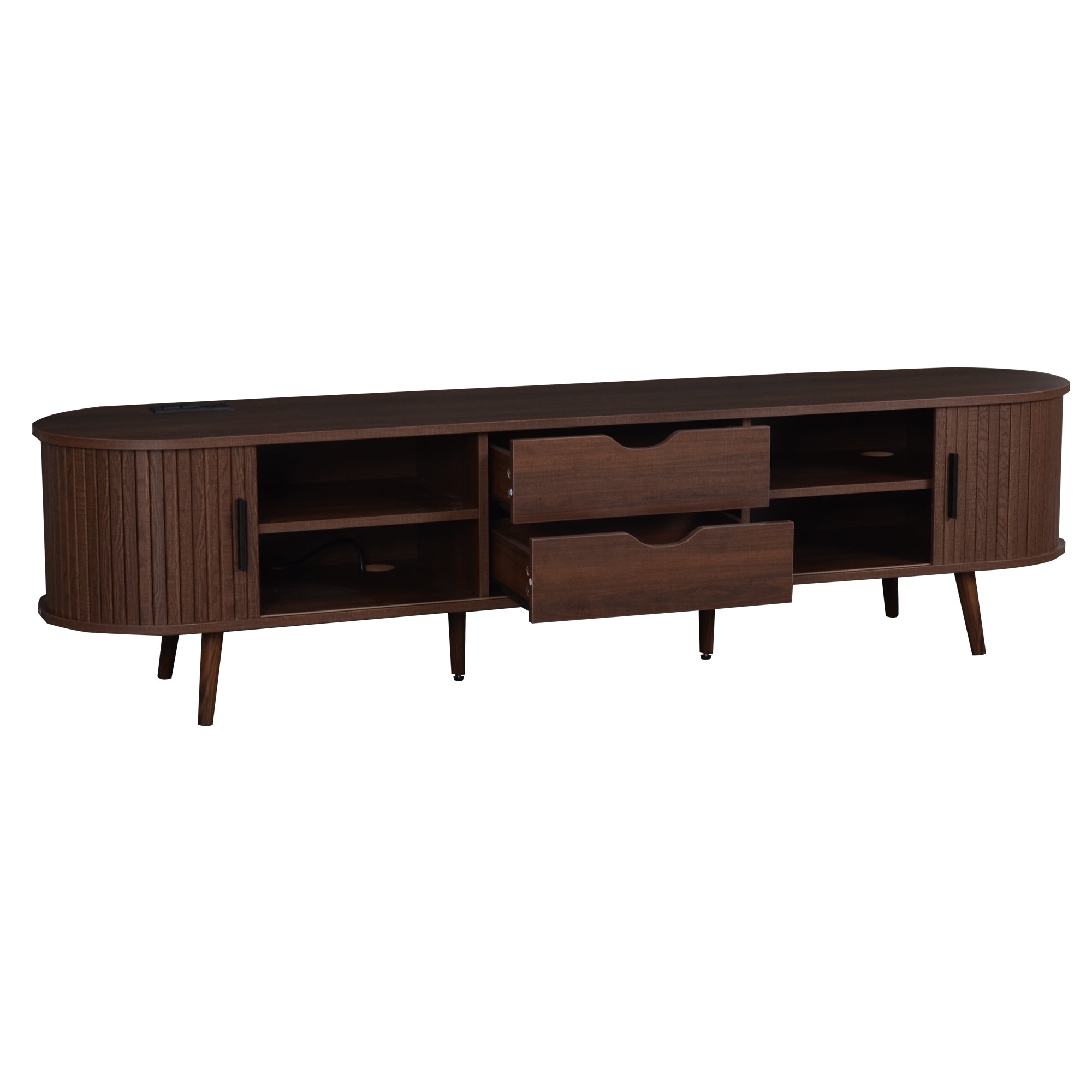 TV Stand Mid-Century Dark Brown MDF Tambour Door 2 AC 2 USB Fits 80 In TV