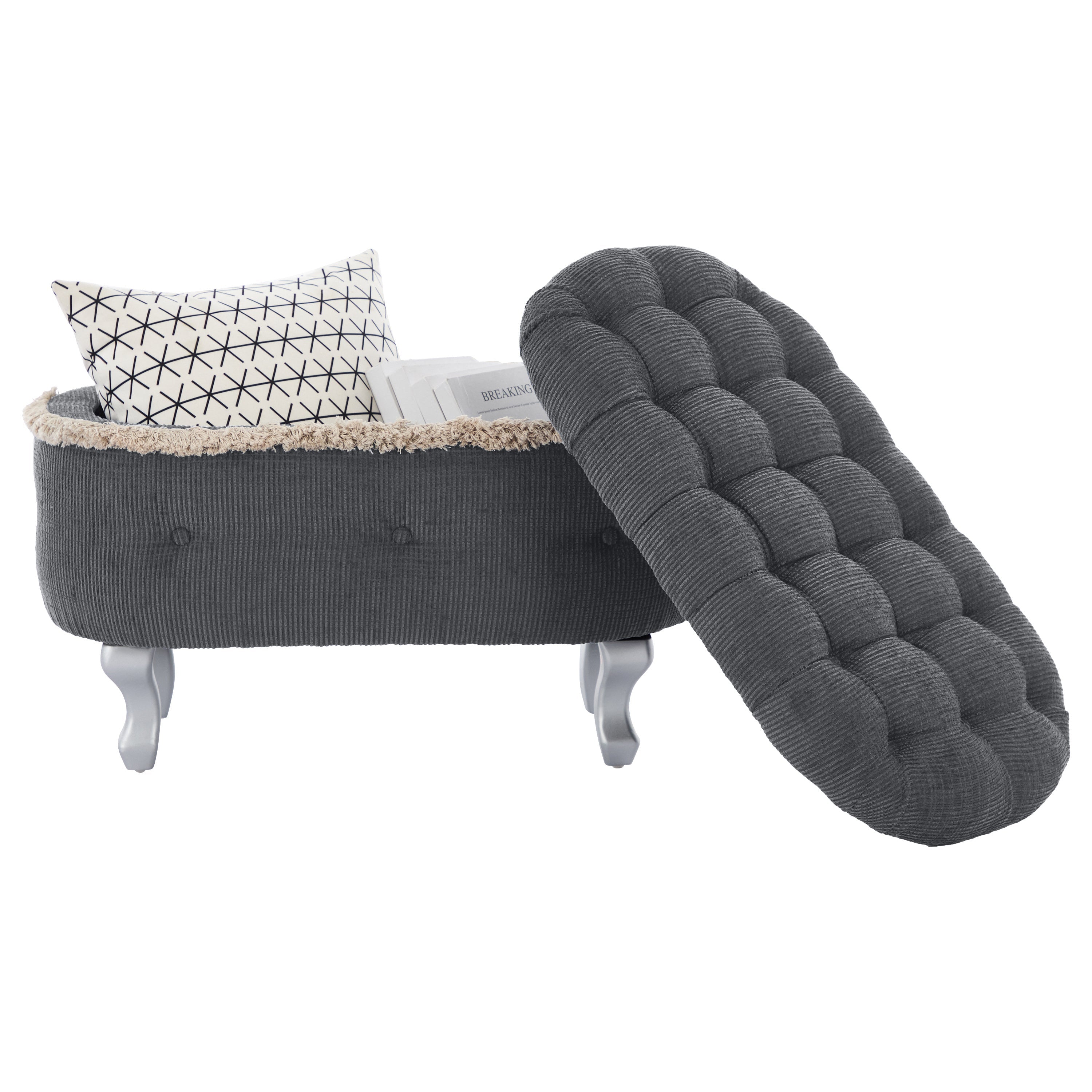 Storage Bench Tufted Gray Fabric Tassel Trim Flip Top 29.5x17.8x19 In