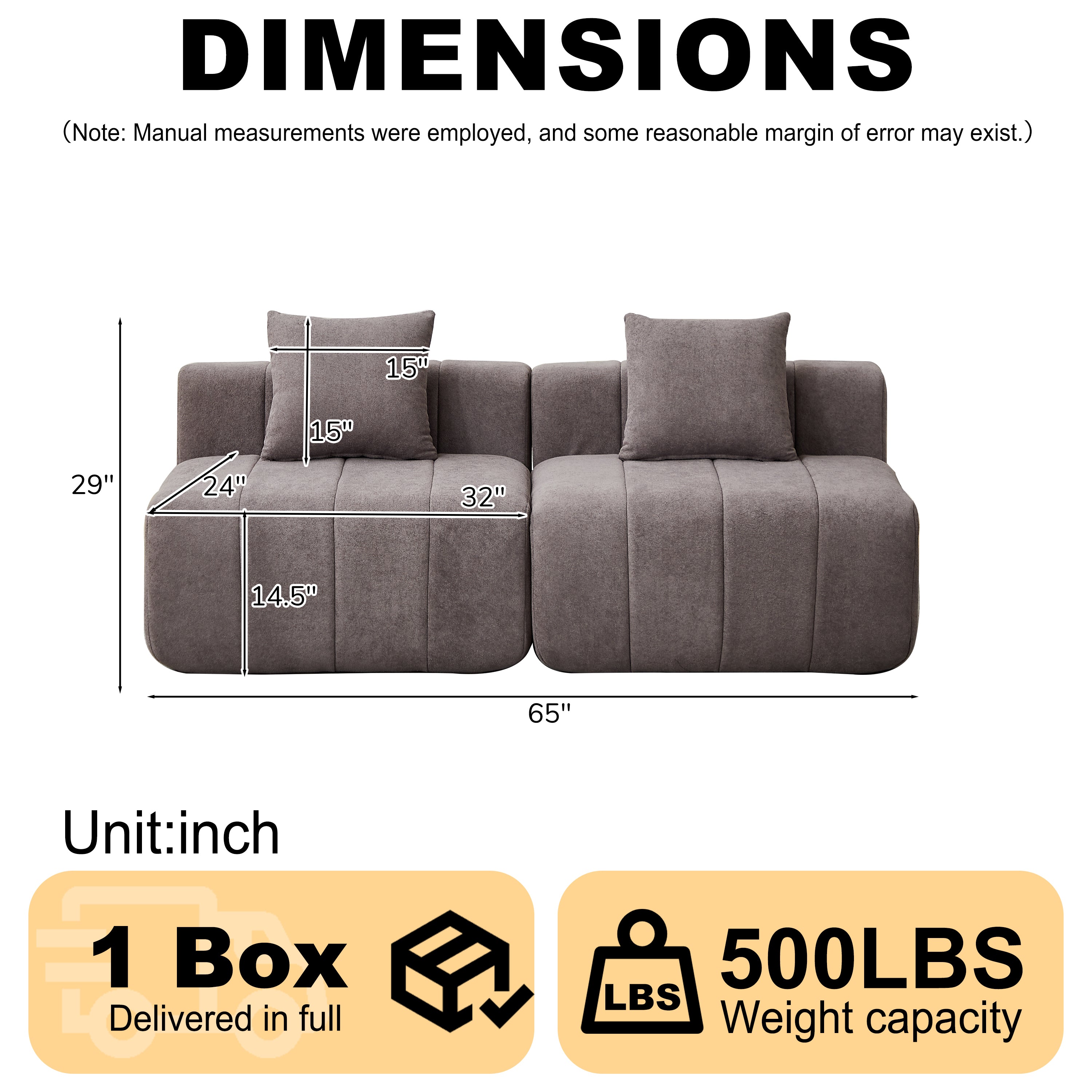Loveseat Modular Chenille Gray 2 Seat Piano Key Design