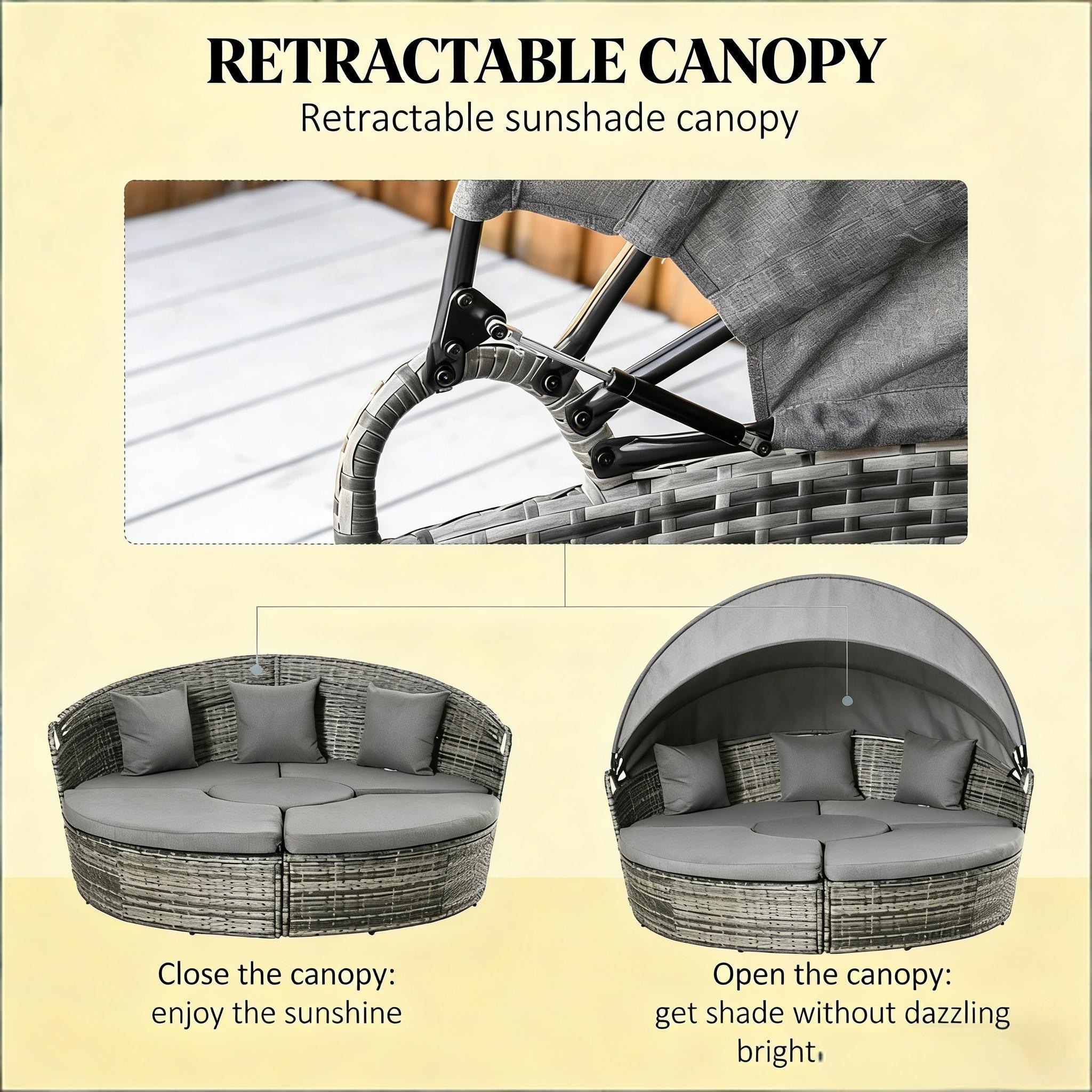 Outdoor Round Daybed Set PE Rattan Gray 4 Piece Canopy 352 lb Capacity