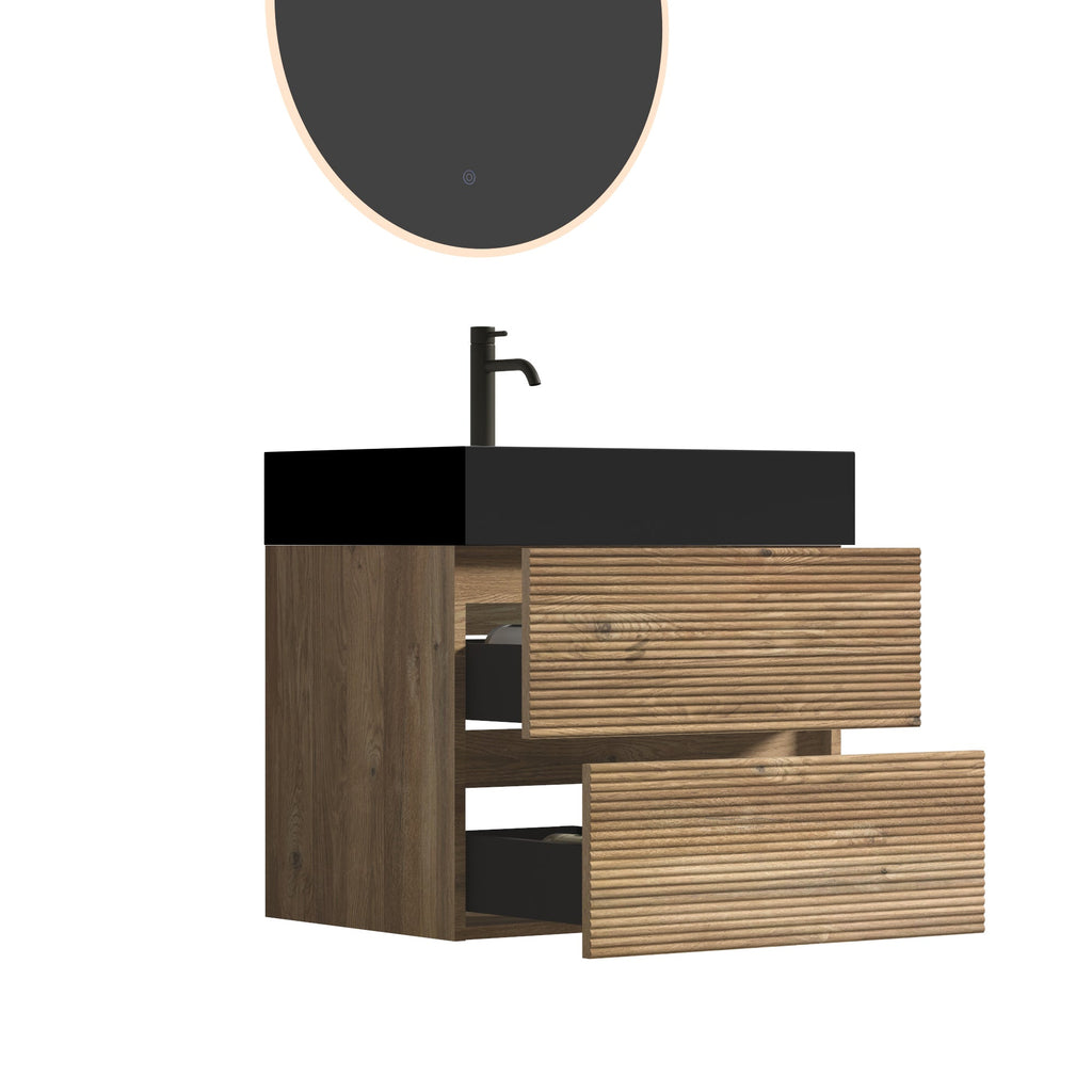 24' Floating Bathroom Vanity with Matte Black Quartz Sink and Oak Drawers