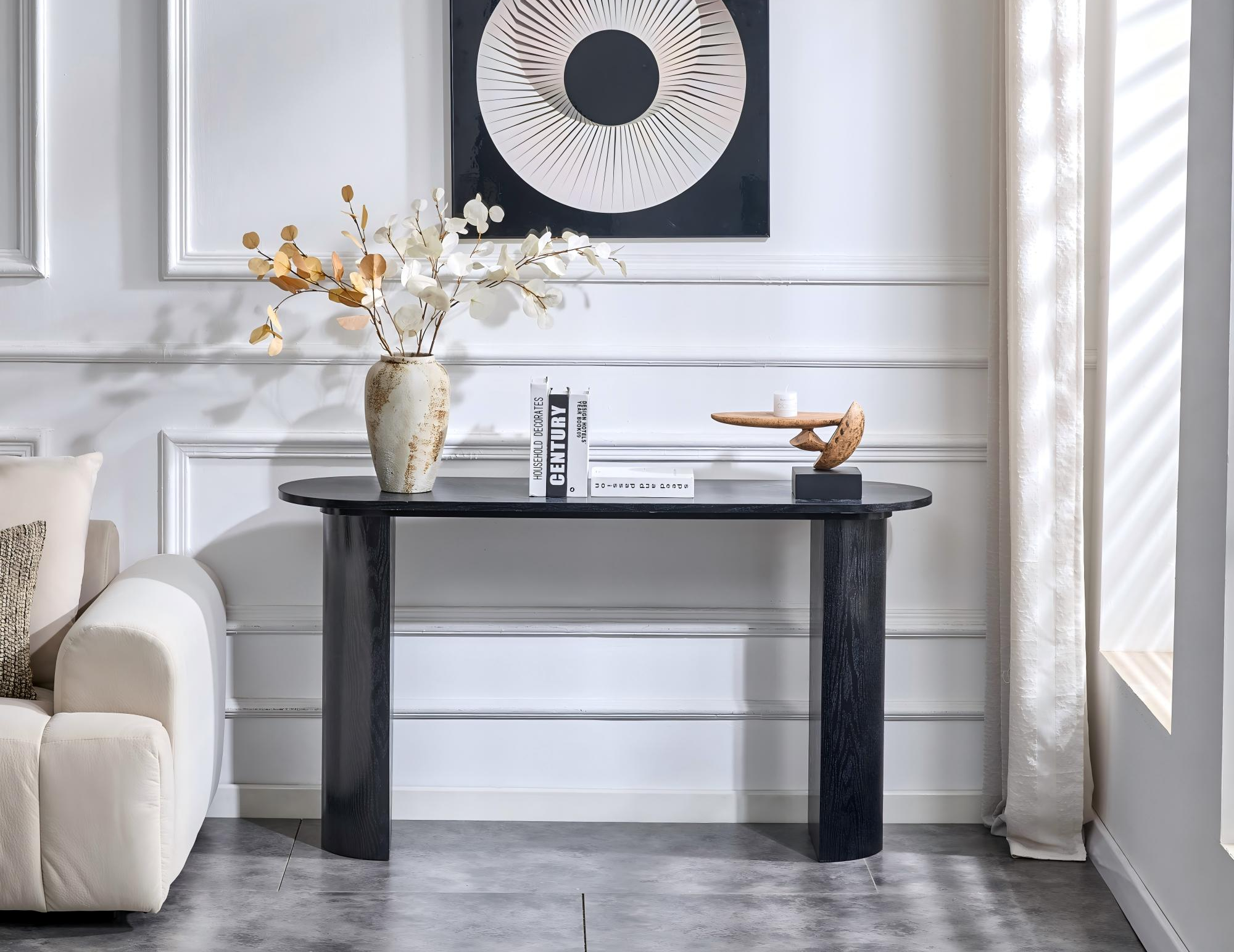 Black Curved Foyer Table, Wood Grain Minimalist Entrance Side Table