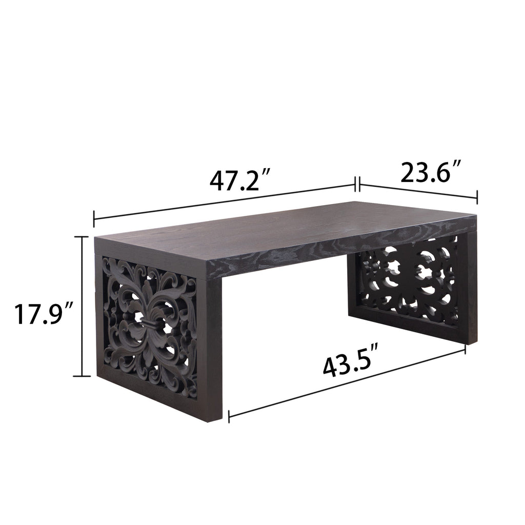 47.2 in Solid Black Carved Wood Coffee Table, Handcrafted Ornate Side Panels