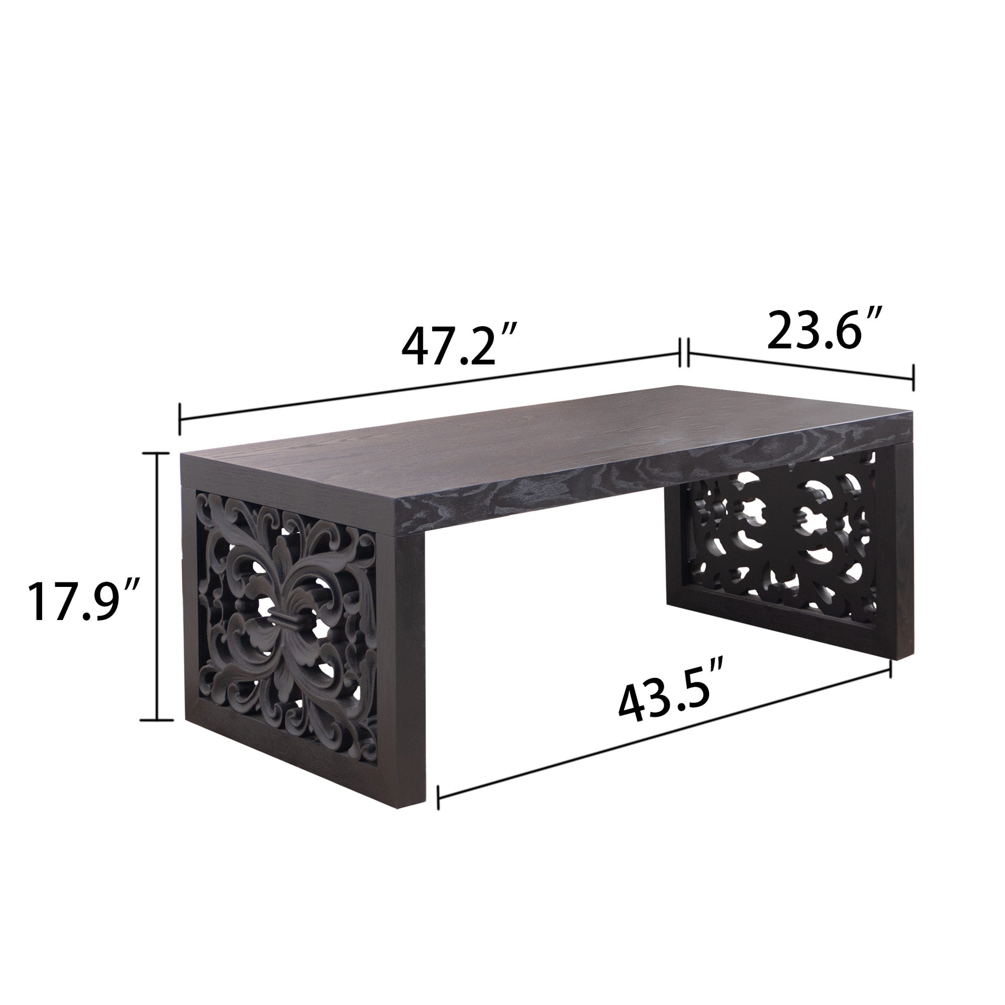 47.2 in Solid Black Carved Wood Coffee Table, Handcrafted Ornate Side Panels