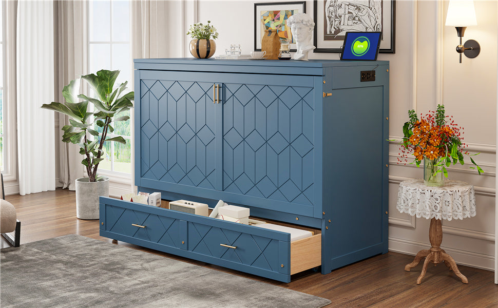 Queen Size Murphy Bed Wall Bed with Drawer and Sockets and USB Ports, Navy Blue
