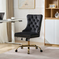 Swivel Office Chair Velvet Black Tufted Button Gold Metal Base 24.8x38.6 In