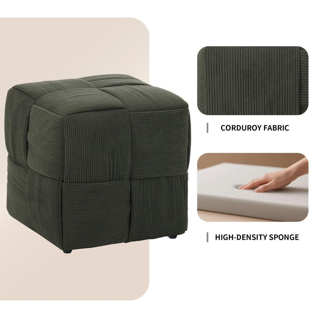 Green Square Ottoman Foot Rest with Corduroy Woven Design Soft Cushioning for