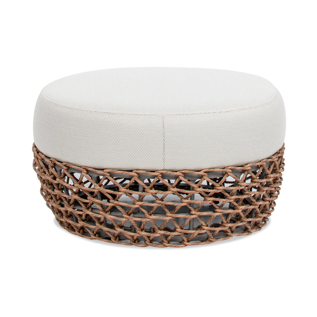 Outdoor Round Ottoman Wicker Beige Wheat Cushion 25in Foam Filled