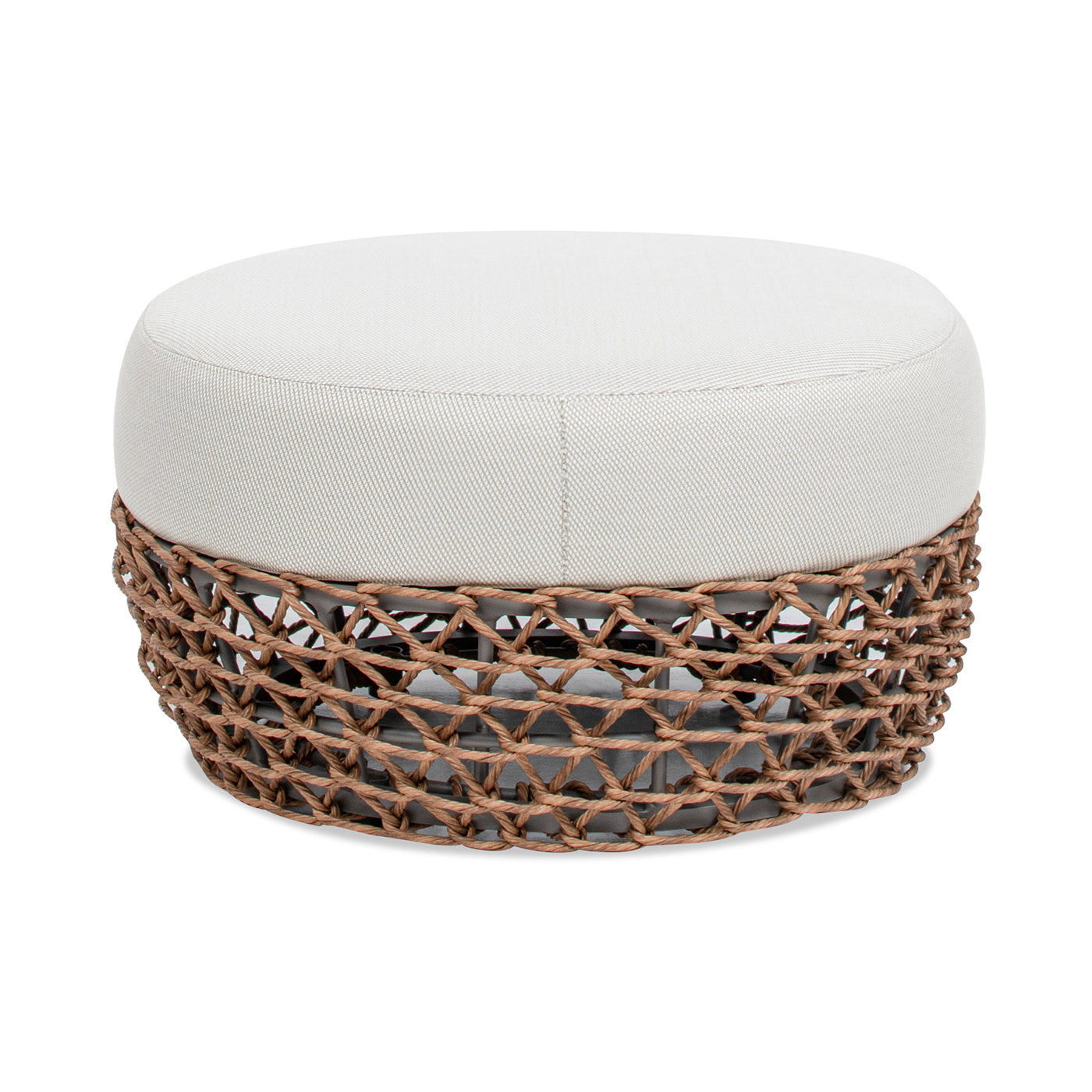 Outdoor Round Ottoman Wicker Beige Wheat Cushion 25in Foam Filled
