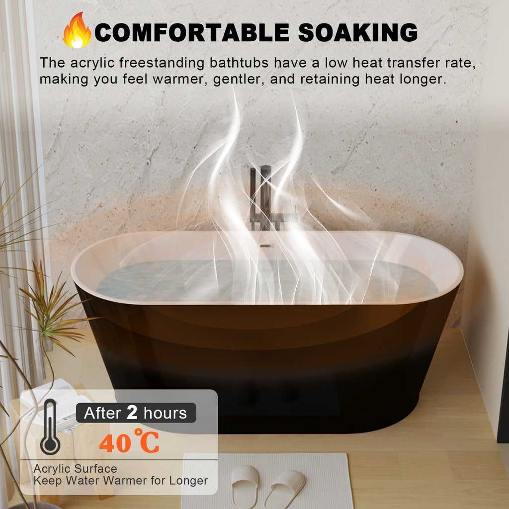 59in Glossy Black Acrylic Freestanding Soaking Tub with Chrome Drain, cUPC