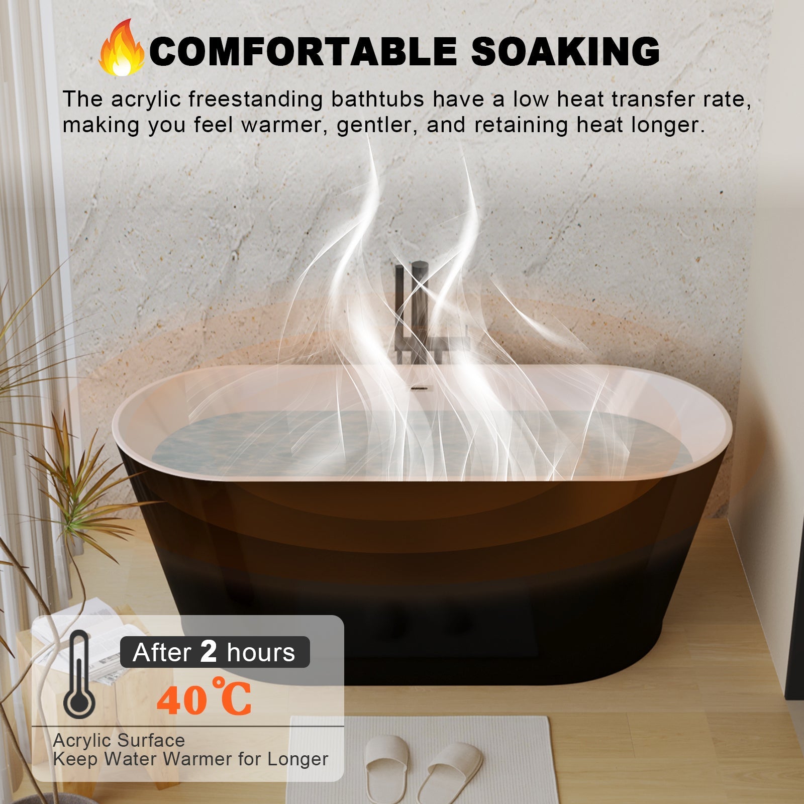 59in Glossy Black Acrylic Freestanding Soaking Tub with Chrome Drain, cUPC