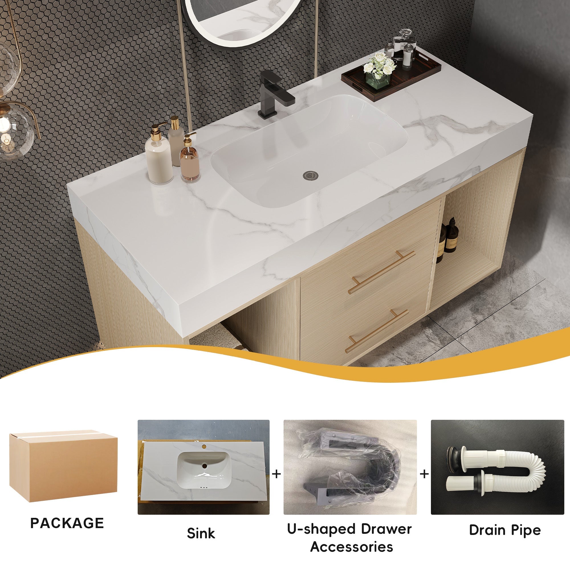 39.4'' Floating Bathroom Vanity with Ceramic Sink, 2 Soft Close Drawers
