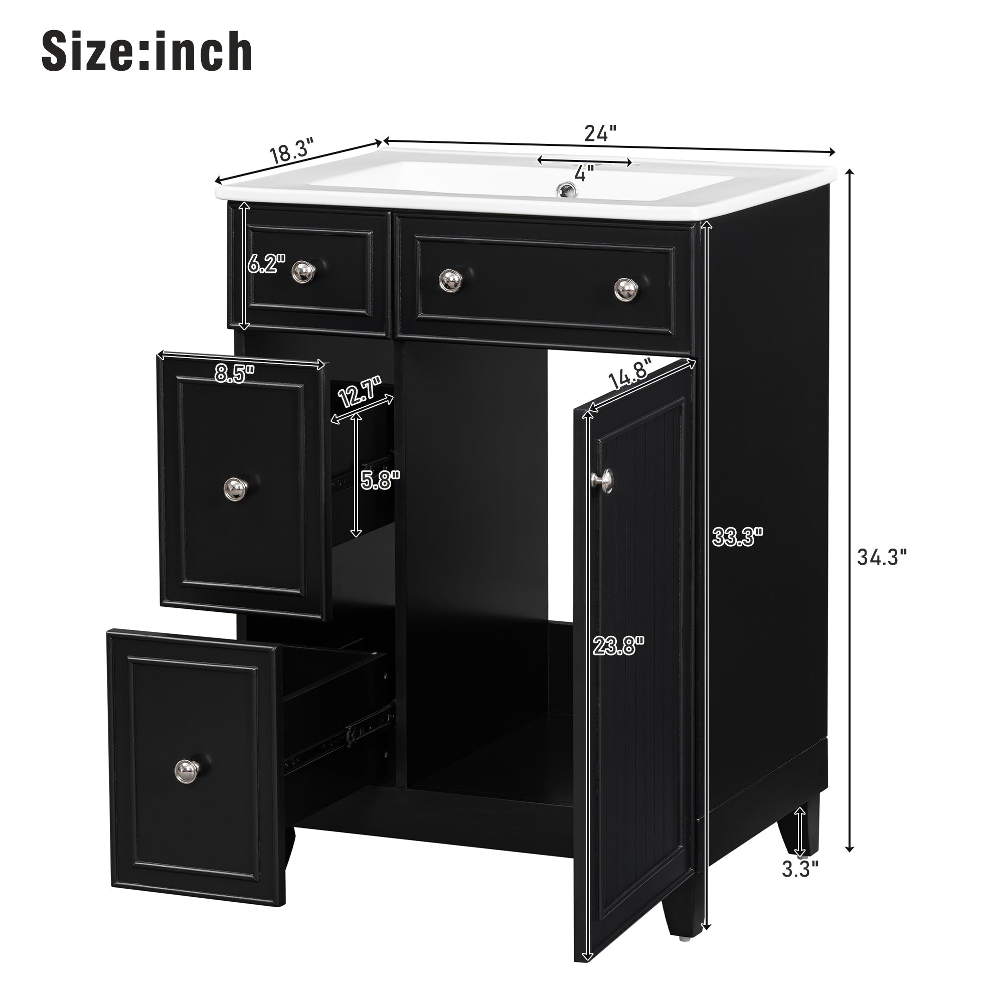 Transitional Bathroom Vanity Cabinet with Ceramic Sink, 24-Inch, Black, Solid...