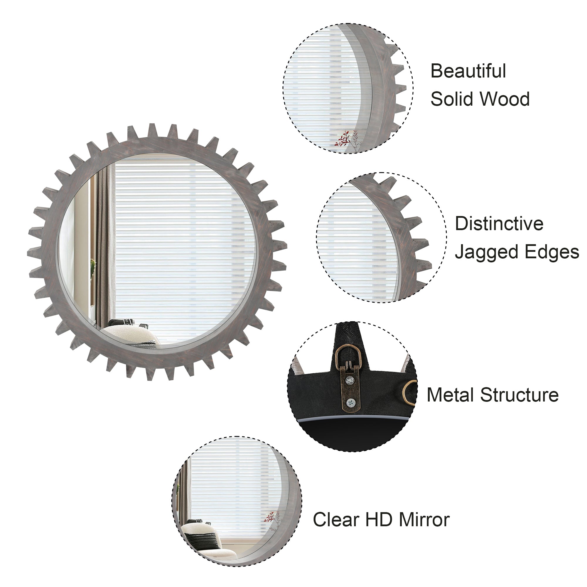 Wall Mirror Round Gear-Shape Wood Frame Dark Brown Vintage 16.5 In