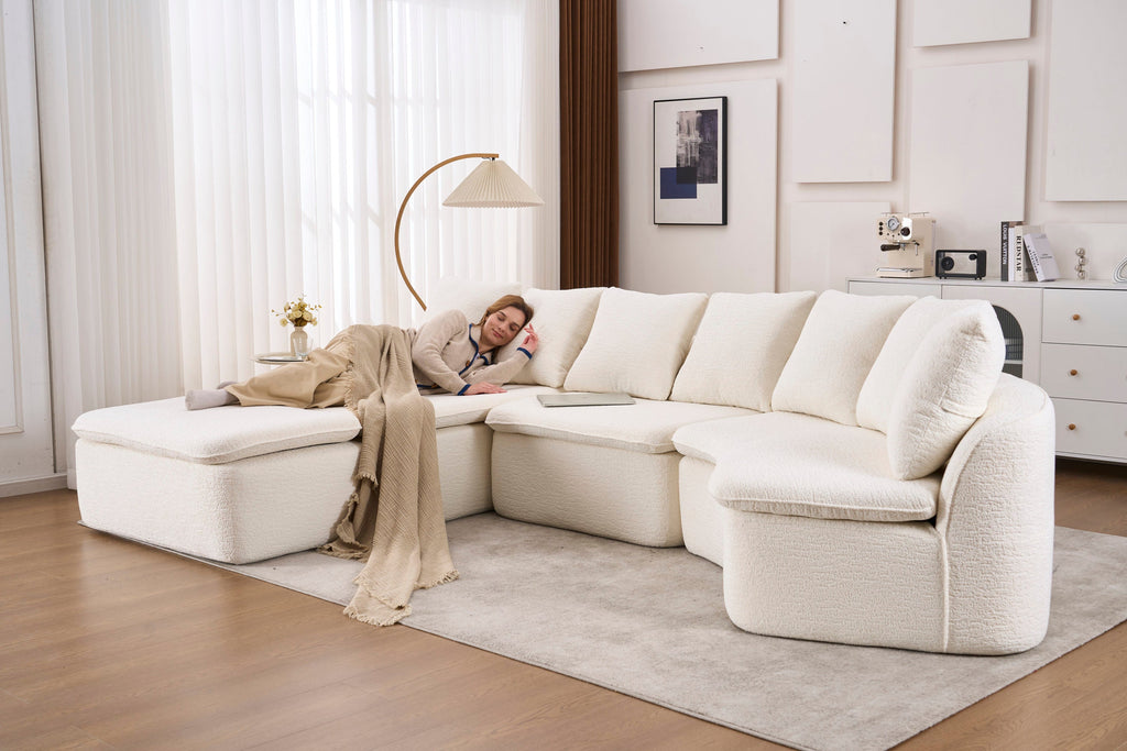 Sectional Sofa U-Shape Chenille Milk White 10 Seat Modular 128 In